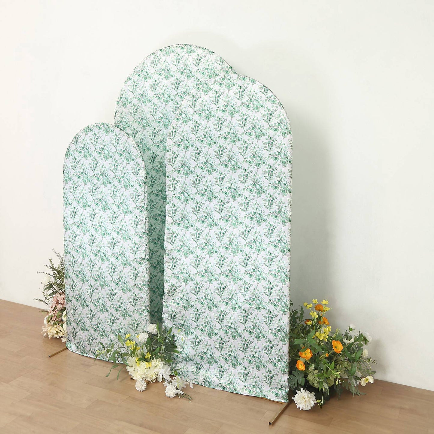 Set of 3 White Green Satin Chiara Wedding Arch Covers With Eucalyptus Leaves Print, Fitted Covers For Round Top Backdrop Stands - 5ft,6ft,7ft