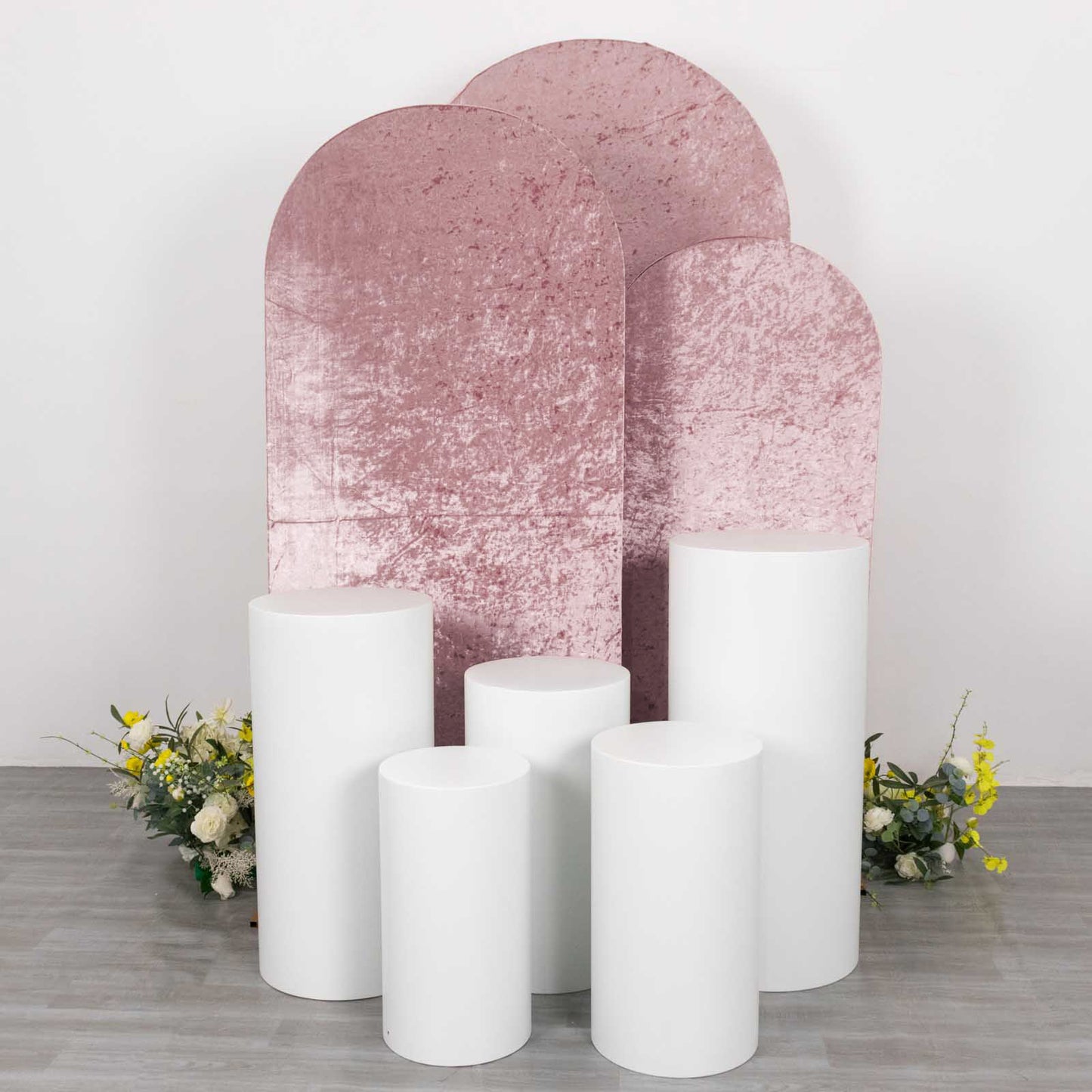 Set of 3 Dusty Rose Crushed Velvet Chiara Backdrop Stand Covers For Round Top Wedding Arches - 5ft, 6ft, 7ft