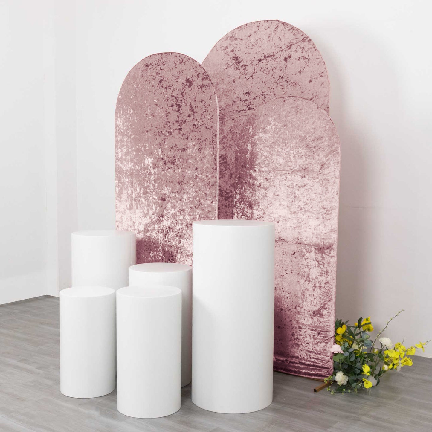 Set of 3 Dusty Rose Crushed Velvet Chiara Backdrop Stand Covers For Round Top Wedding Arches - 5ft, 6ft, 7ft