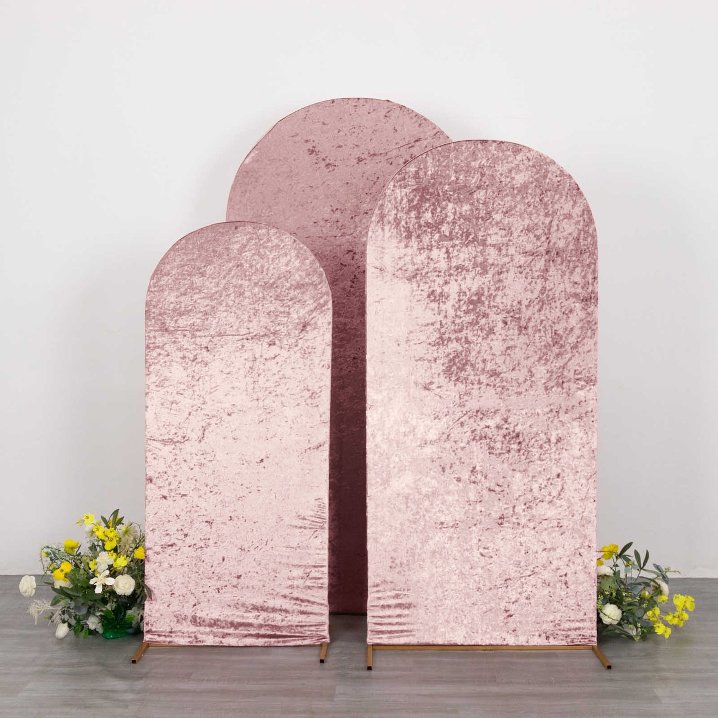 Set of 3 Dusty Rose Crushed Velvet Chiara Backdrop Stand Covers For Round Top Wedding Arches - 5ft, 6ft, 7ft