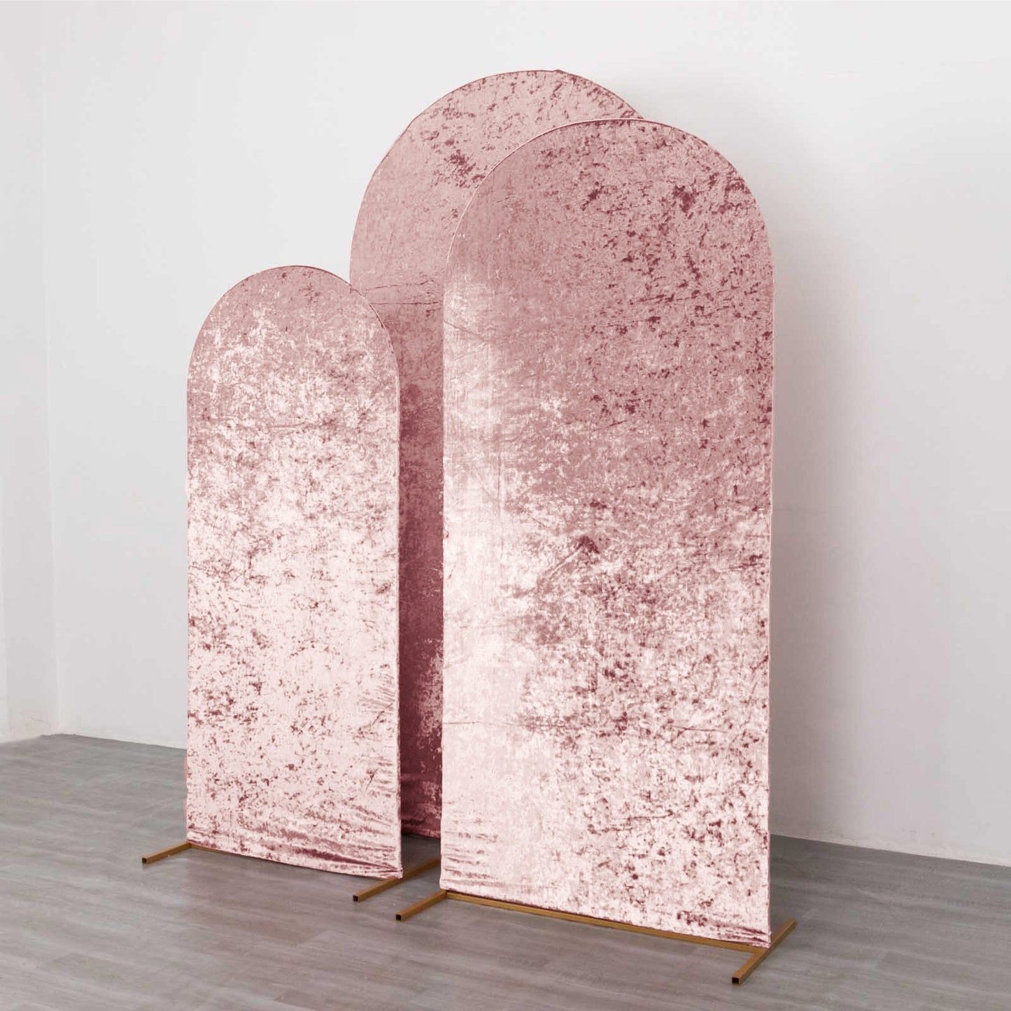 Set of 3 Dusty Rose Crushed Velvet Chiara Backdrop Stand Covers For Round Top Wedding Arches - 5ft, 6ft, 7ft