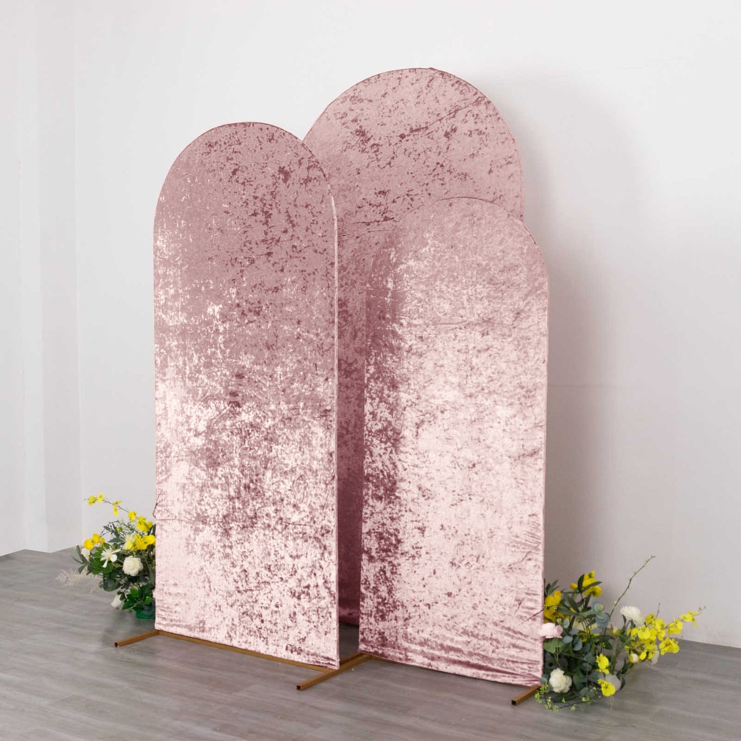 Set of 3 Dusty Rose Crushed Velvet Chiara Backdrop Stand Covers For Round Top Wedding Arches - 5ft, 6ft, 7ft