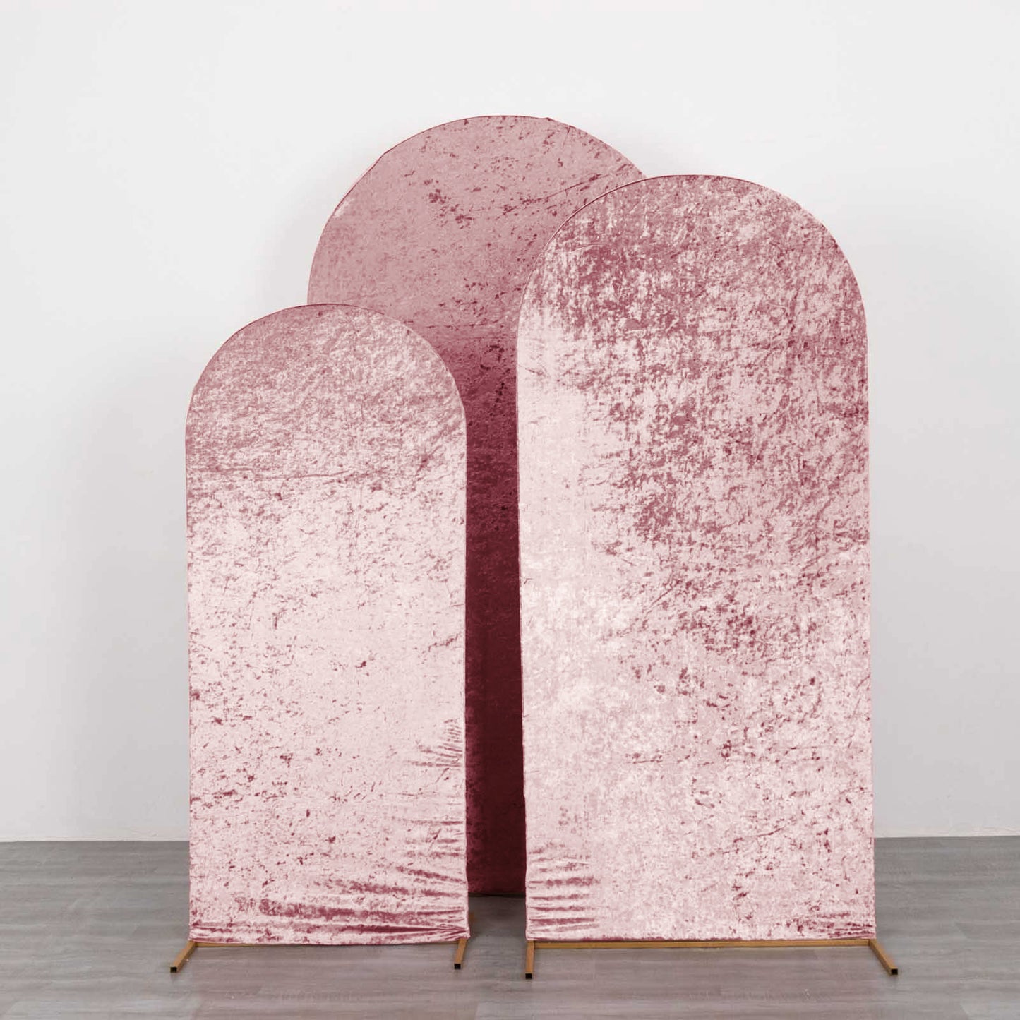 Set of 3 Dusty Rose Crushed Velvet Chiara Backdrop Stand Covers For Round Top Wedding Arches - 5ft, 6ft, 7ft