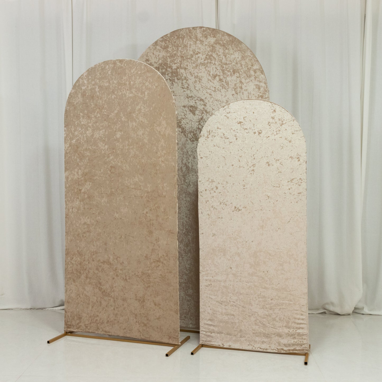 Set of 3 Beige Crushed Velvet Chiara Backdrop Stand Covers For Round Top Wedding Arches - 5ft, 6ft, 7ft