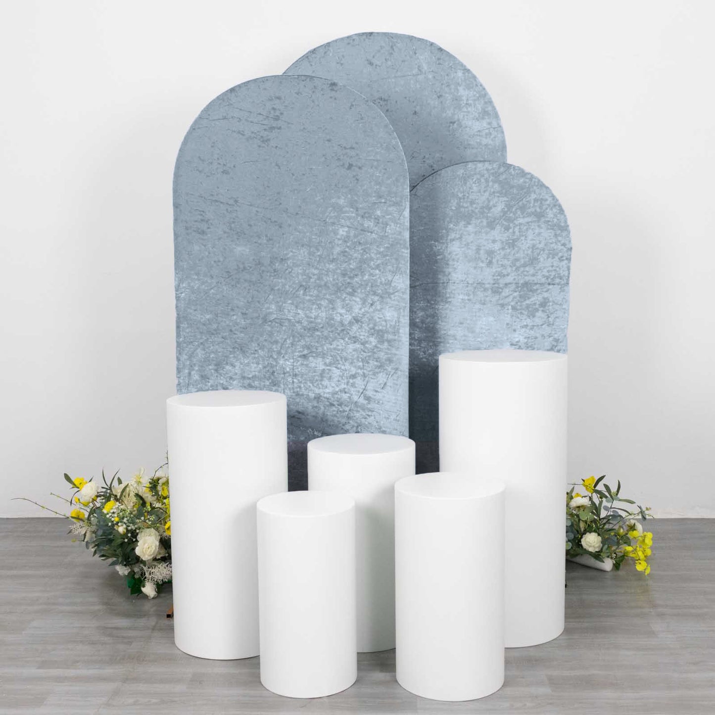 Set of 3 Dusty Blue Crushed Velvet Chiara Backdrop Stand Covers For Round Top Wedding Arches - 5ft, 6ft, 7ft