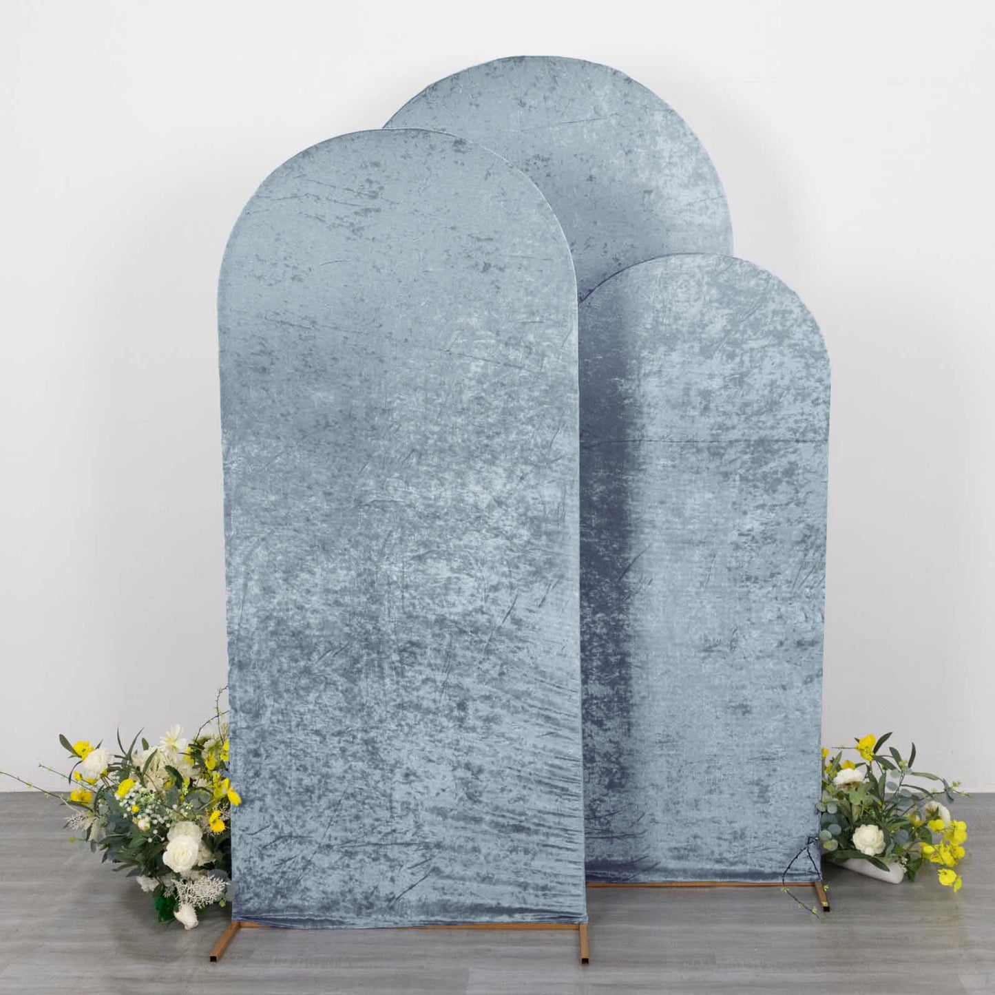 Set of 3 Dusty Blue Crushed Velvet Chiara Backdrop Stand Covers For Round Top Wedding Arches - 5ft, 6ft, 7ft