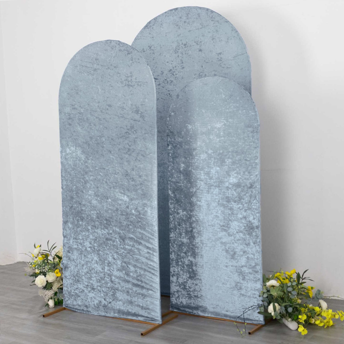 Set of 3 Dusty Blue Crushed Velvet Chiara Backdrop Stand Covers For Round Top Wedding Arches - 5ft, 6ft, 7ft