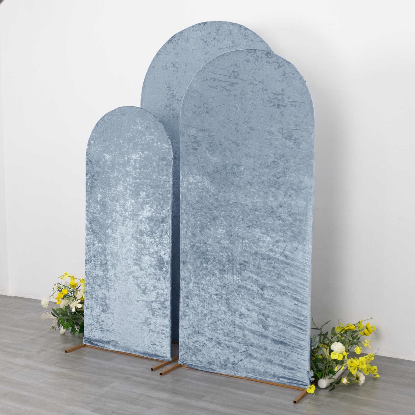 Set of 3 Dusty Blue Crushed Velvet Chiara Backdrop Stand Covers For Round Top Wedding Arches - 5ft, 6ft, 7ft