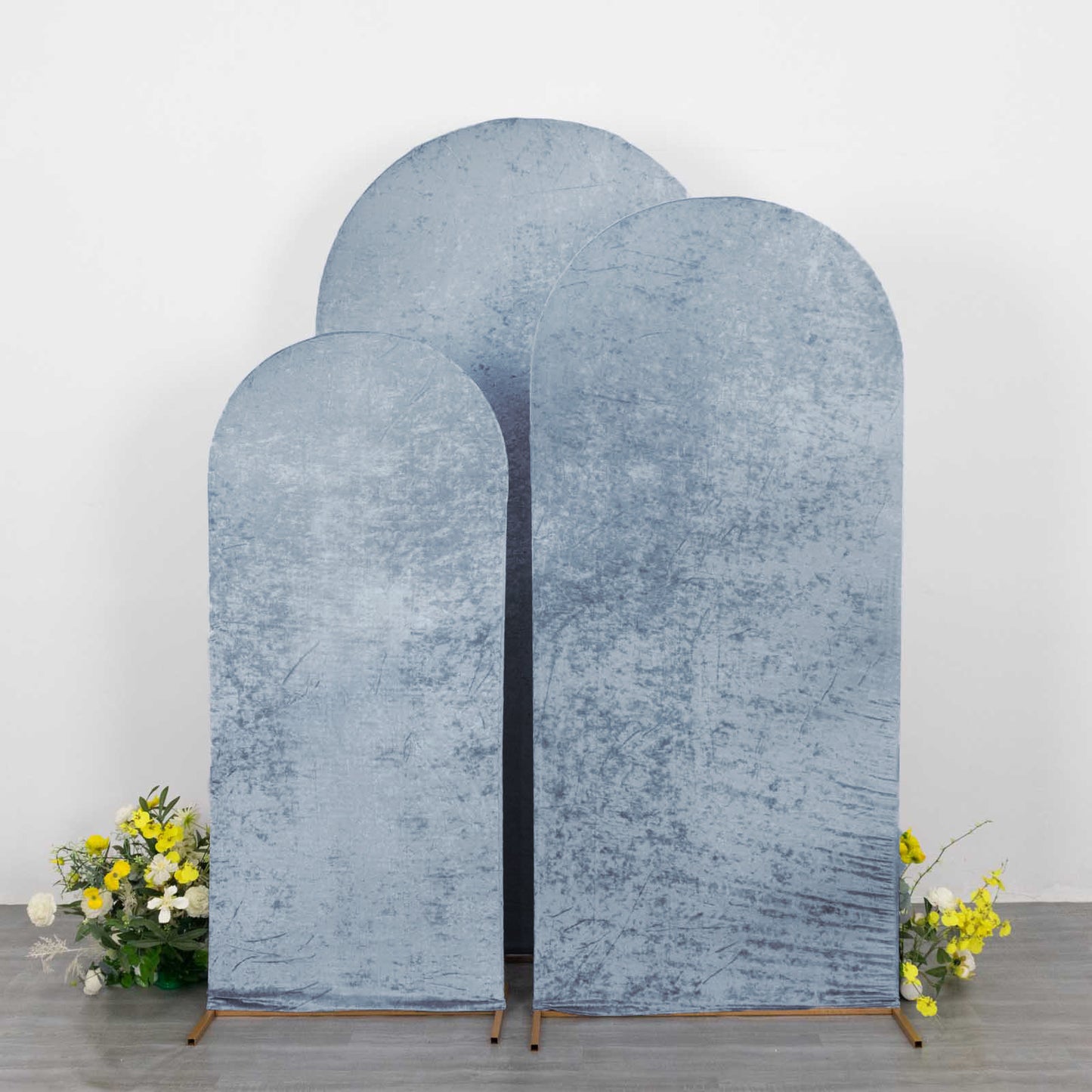 Set of 3 Dusty Blue Crushed Velvet Chiara Backdrop Stand Covers For Round Top Wedding Arches - 5ft, 6ft, 7ft