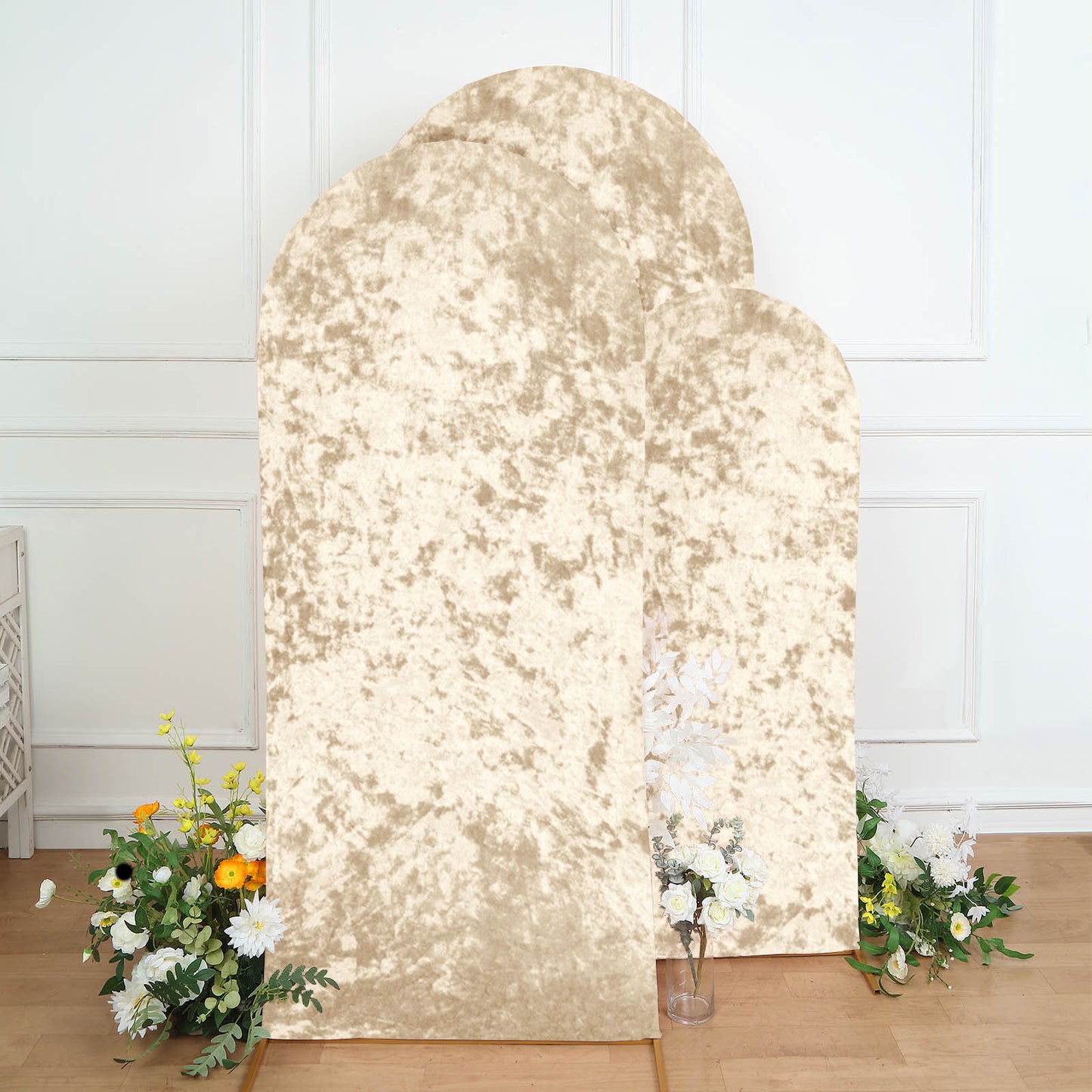 Set of 3 Champagne Crushed Velvet Chiara Backdrop Stand Covers For Round Top Wedding Arches - 5ft, 6ft, 7ft