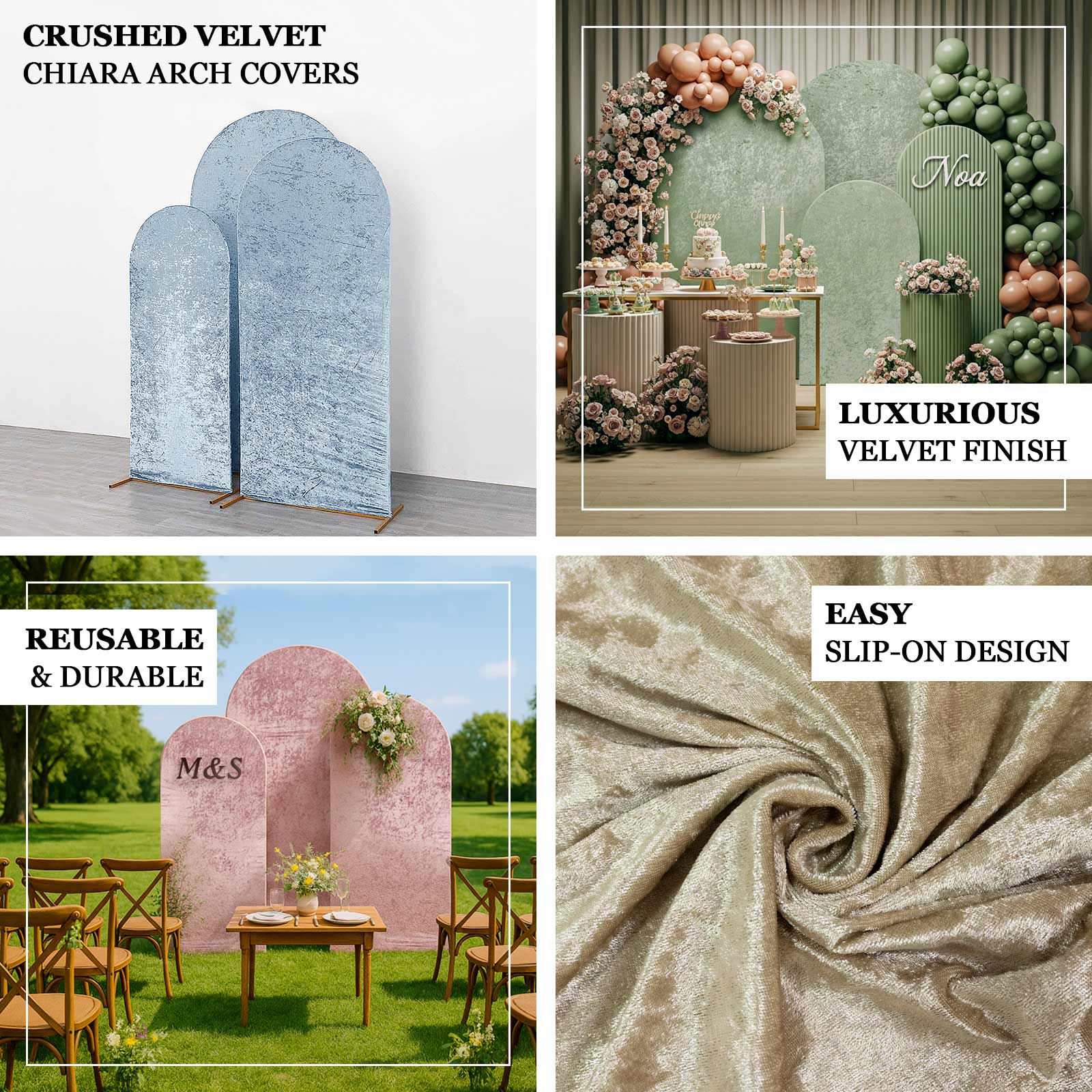 Set of 3 Crushed Velvet Chiara Backdrop Stand Covers For Round Top Wedding Arches - 5ft, 6ft, 7ft