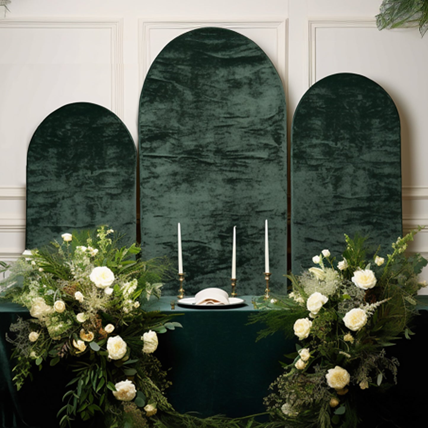 Set of 3 Hunter Emerald Green Crushed Velvet Chiara Backdrop Stand Covers For Round Top Wedding Arches - 5ft, 6ft, 7ft