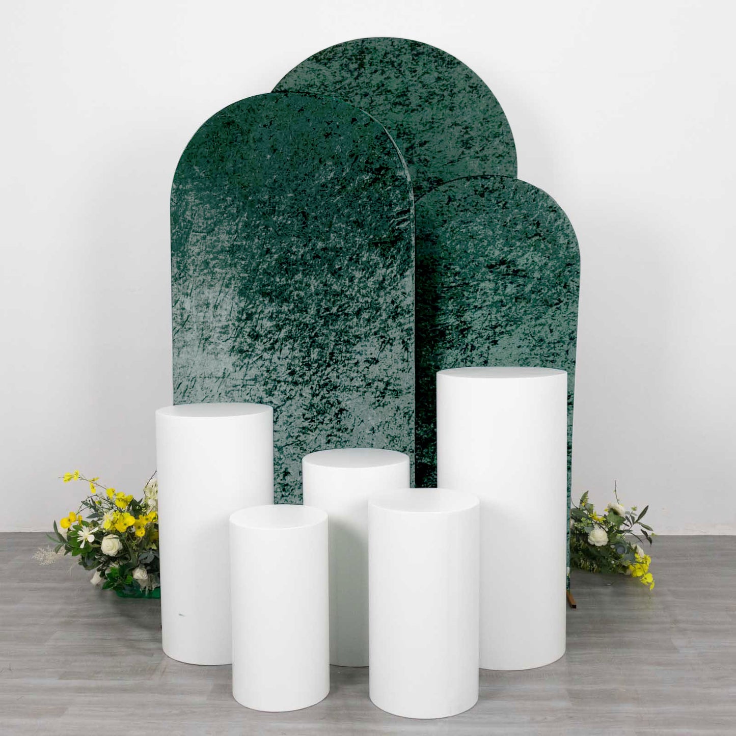 Set of 3 Hunter Emerald Green Crushed Velvet Chiara Backdrop Stand Covers For Round Top Wedding Arches - 5ft, 6ft, 7ft