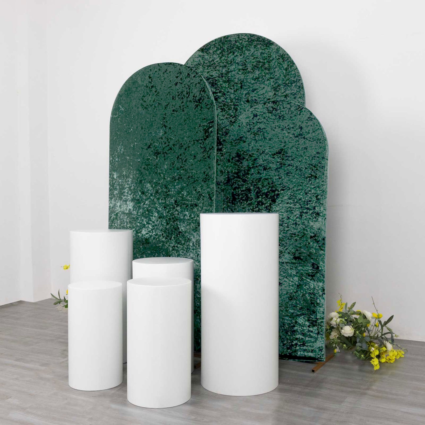 Set of 3 Hunter Emerald Green Crushed Velvet Chiara Backdrop Stand Covers For Round Top Wedding Arches - 5ft, 6ft, 7ft