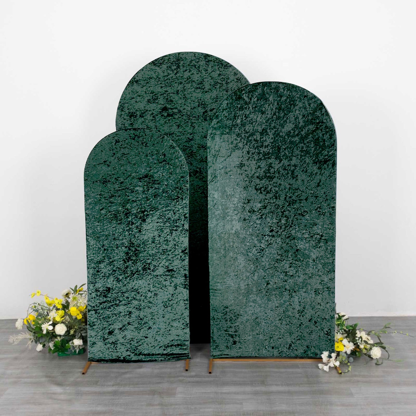 Set of 3 Hunter Emerald Green Crushed Velvet Chiara Backdrop Stand Covers For Round Top Wedding Arches - 5ft, 6ft, 7ft