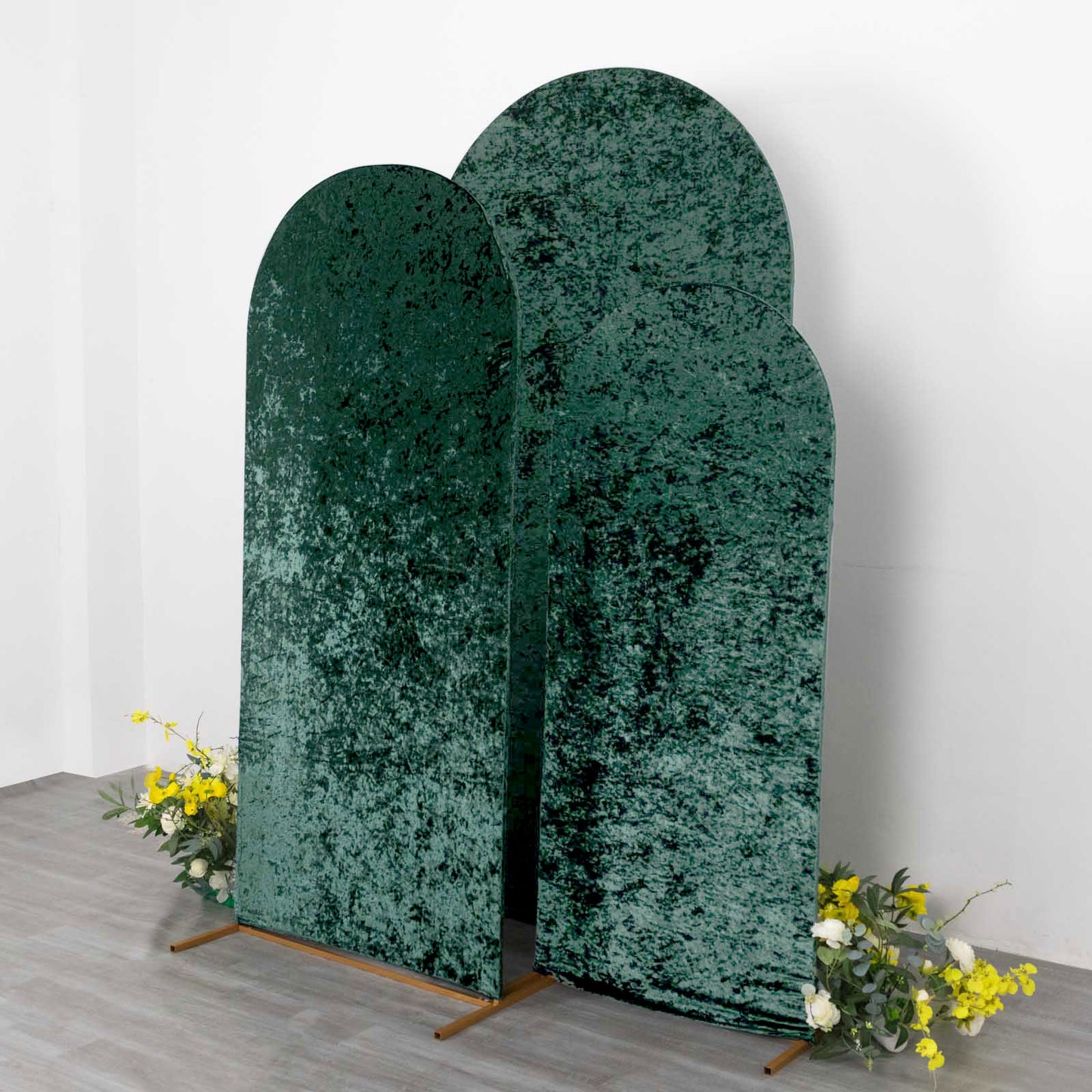 Set of 3 Hunter Emerald Green Crushed Velvet Chiara Backdrop Stand Covers For Round Top Wedding Arches - 5ft, 6ft, 7ft