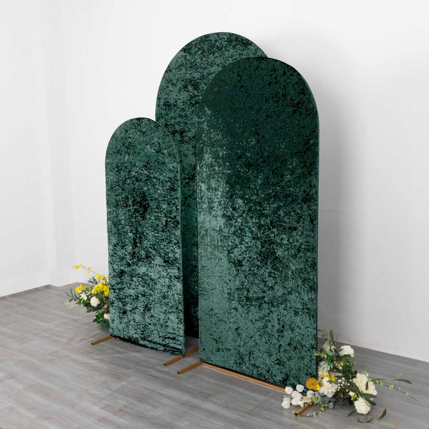 Set of 3 Hunter Emerald Green Crushed Velvet Chiara Backdrop Stand Covers For Round Top Wedding Arches - 5ft, 6ft, 7ft