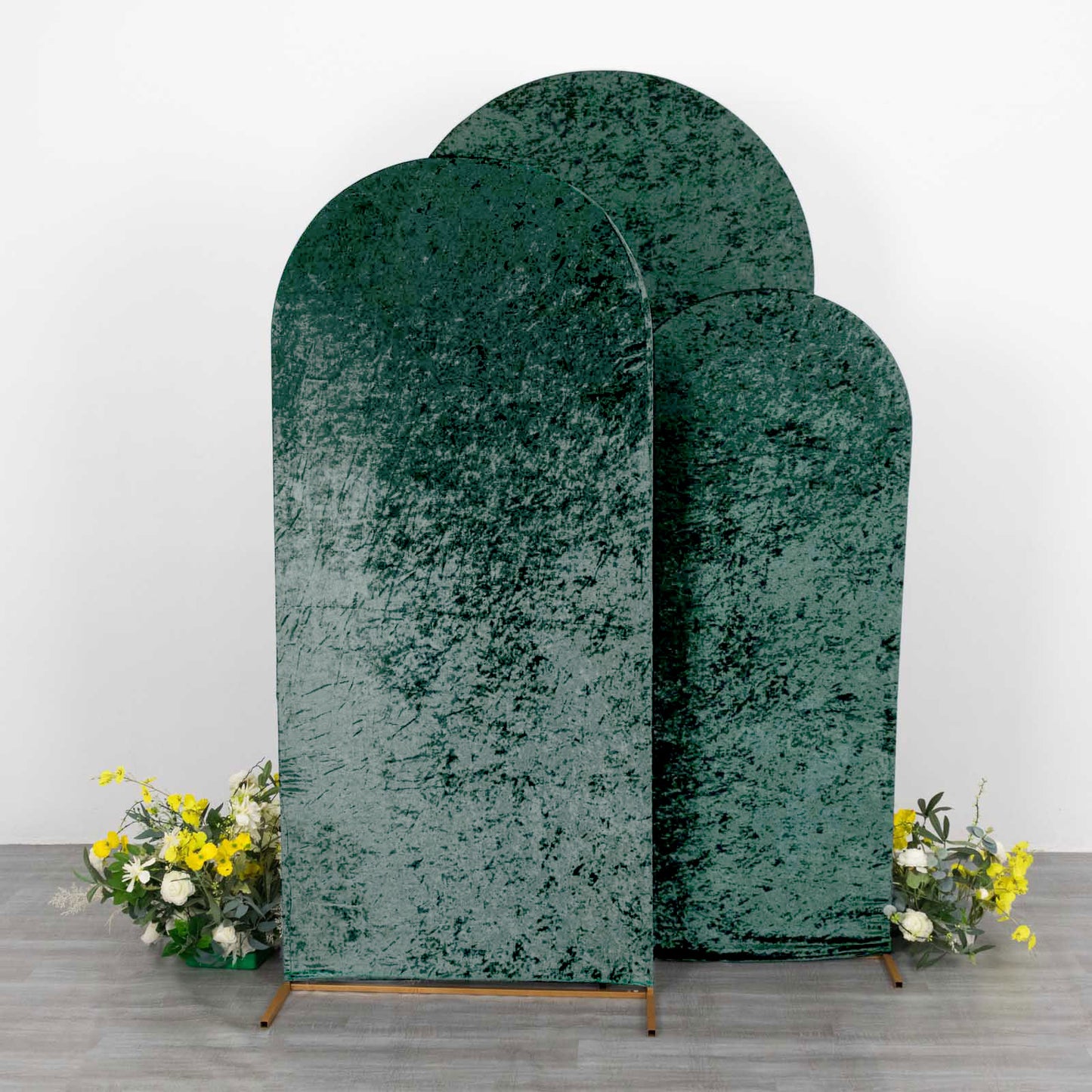 Set of 3 Hunter Emerald Green Crushed Velvet Chiara Backdrop Stand Covers For Round Top Wedding Arches - 5ft, 6ft, 7ft