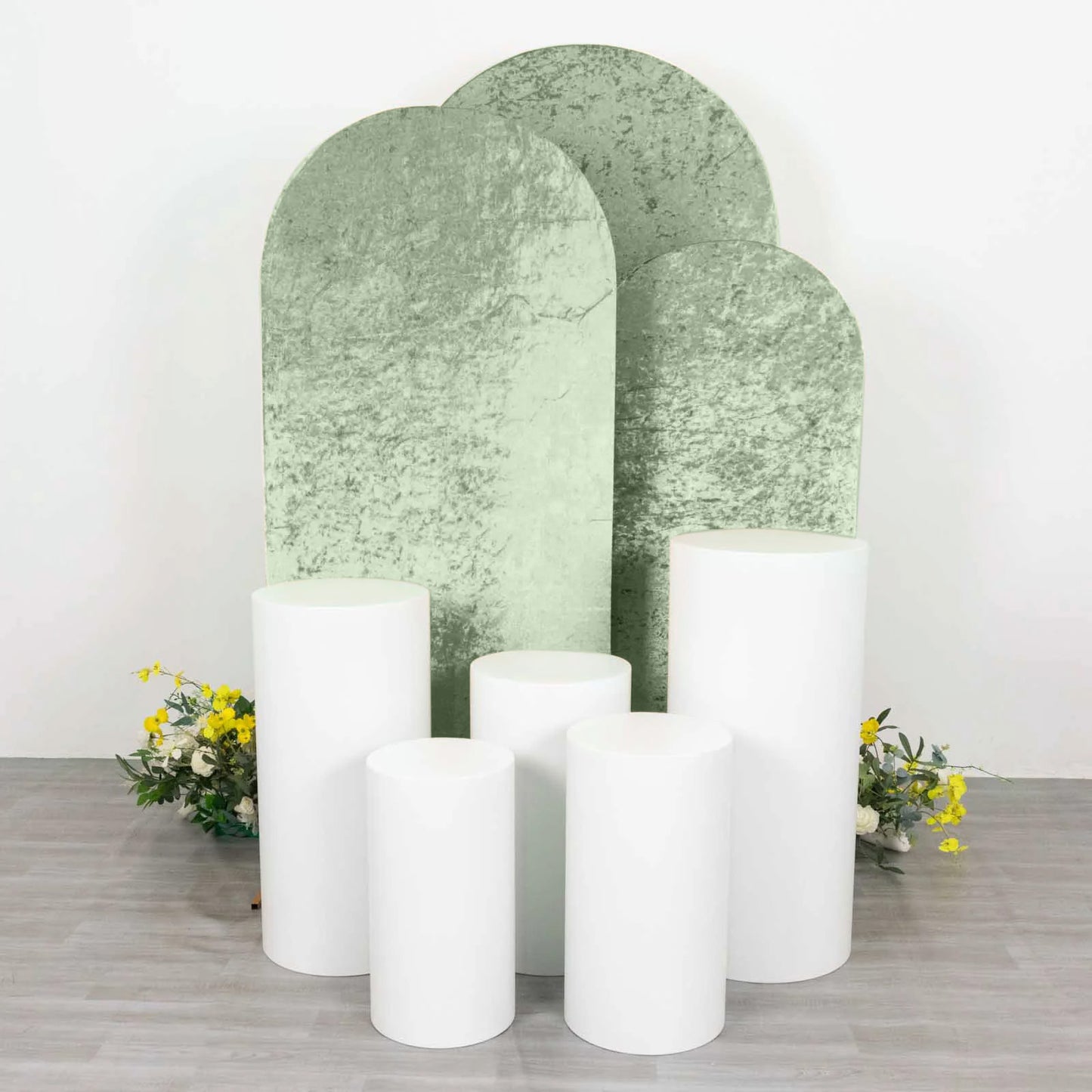 Set of 3 Sage Green Crushed Velvet Chiara Backdrop Stand Covers For Round Top Wedding Arches - 5ft, 6ft, 7ft