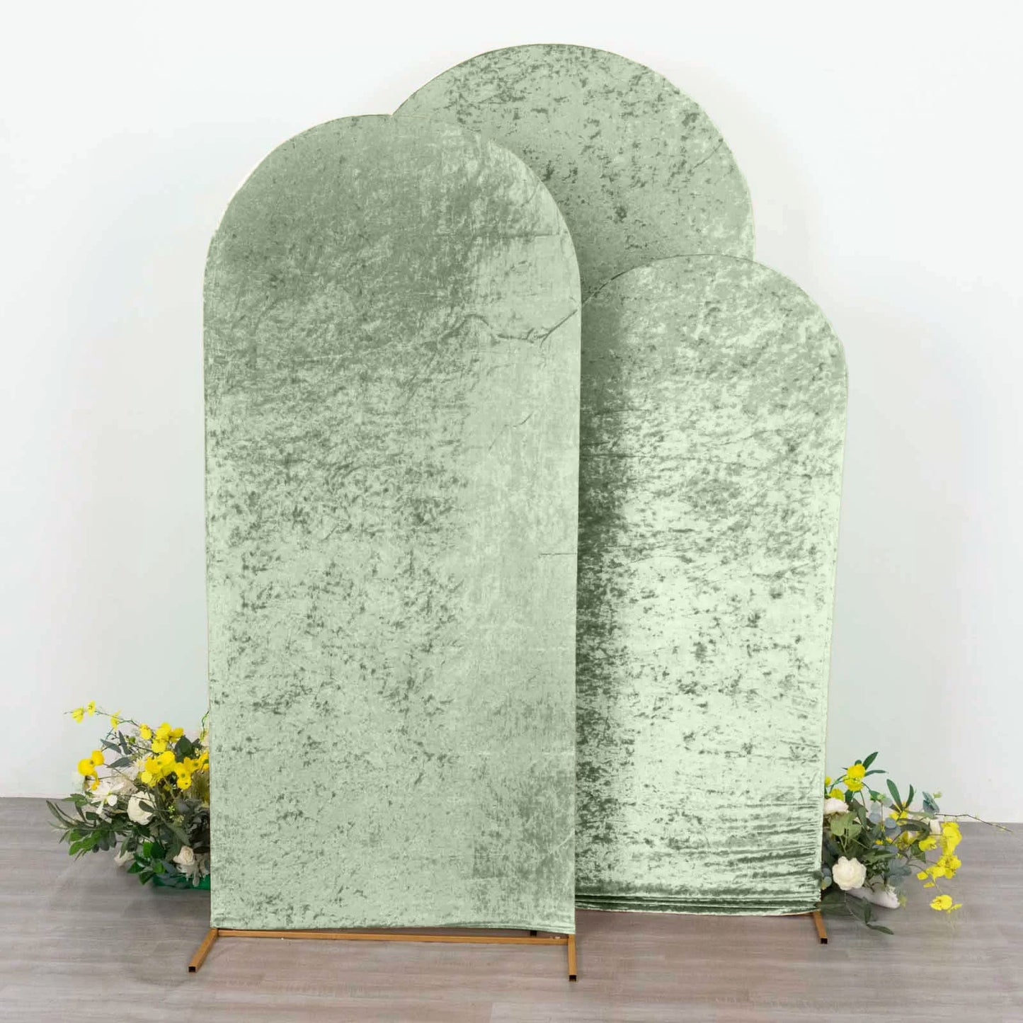 Set of 3 Sage Green Crushed Velvet Chiara Backdrop Stand Covers For Round Top Wedding Arches - 5ft, 6ft, 7ft