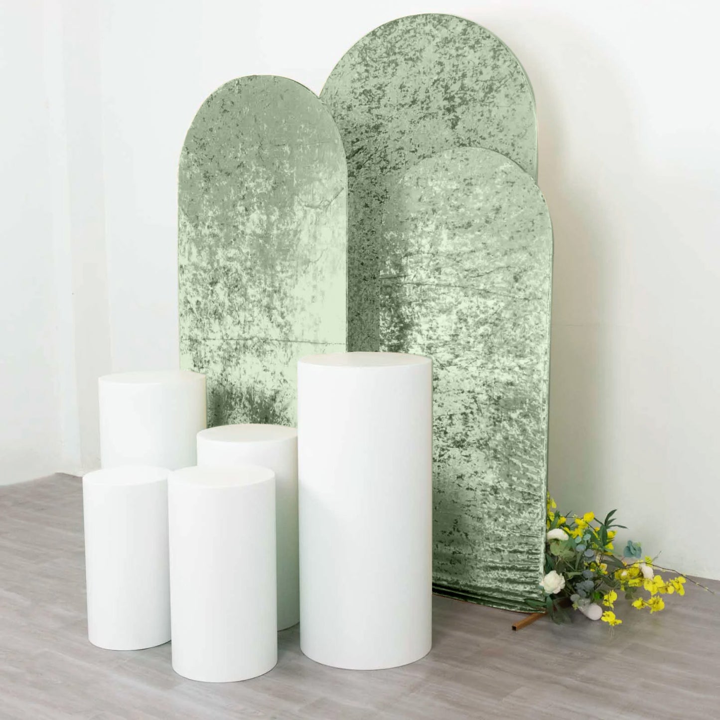 Set of 3 Sage Green Crushed Velvet Chiara Backdrop Stand Covers For Round Top Wedding Arches - 5ft, 6ft, 7ft