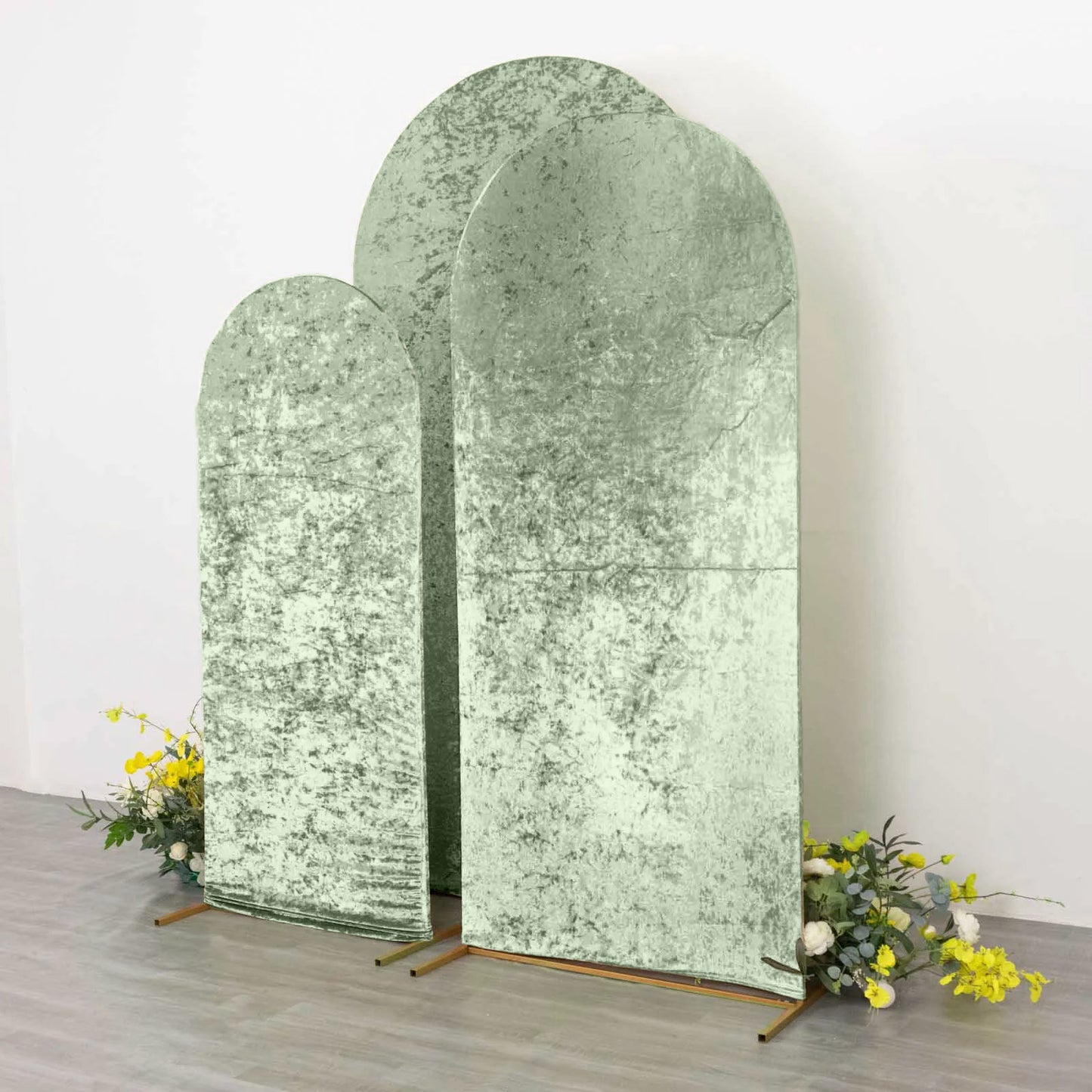 Set of 3 Sage Green Crushed Velvet Chiara Backdrop Stand Covers For Round Top Wedding Arches - 5ft, 6ft, 7ft