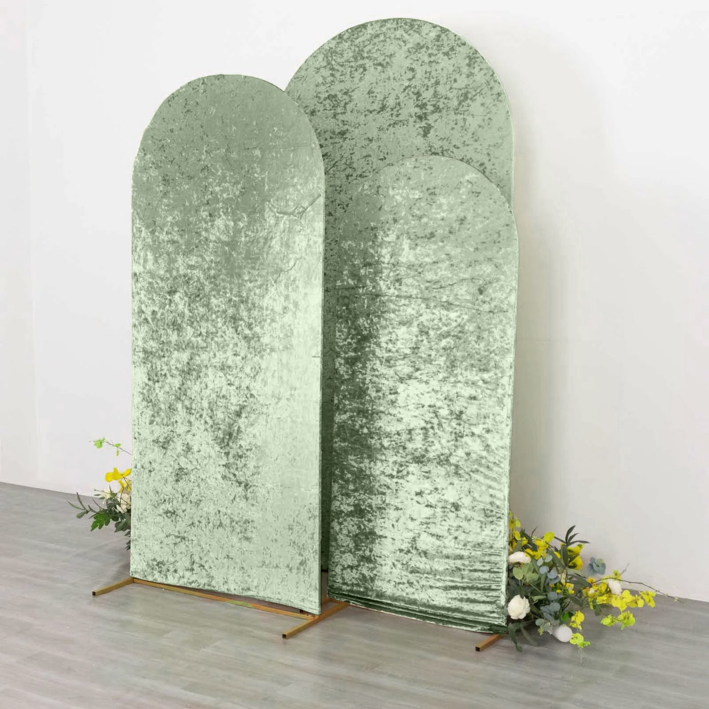 Set of 3 Sage Green Crushed Velvet Chiara Backdrop Stand Covers For Round Top Wedding Arches - 5ft, 6ft, 7ft