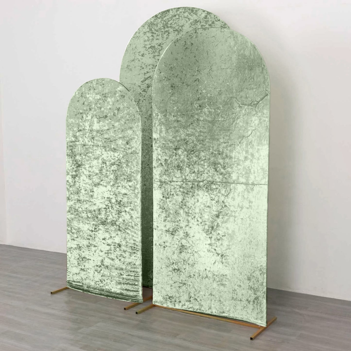 Set of 3 Sage Green Crushed Velvet Chiara Backdrop Stand Covers For Round Top Wedding Arches - 5ft, 6ft, 7ft