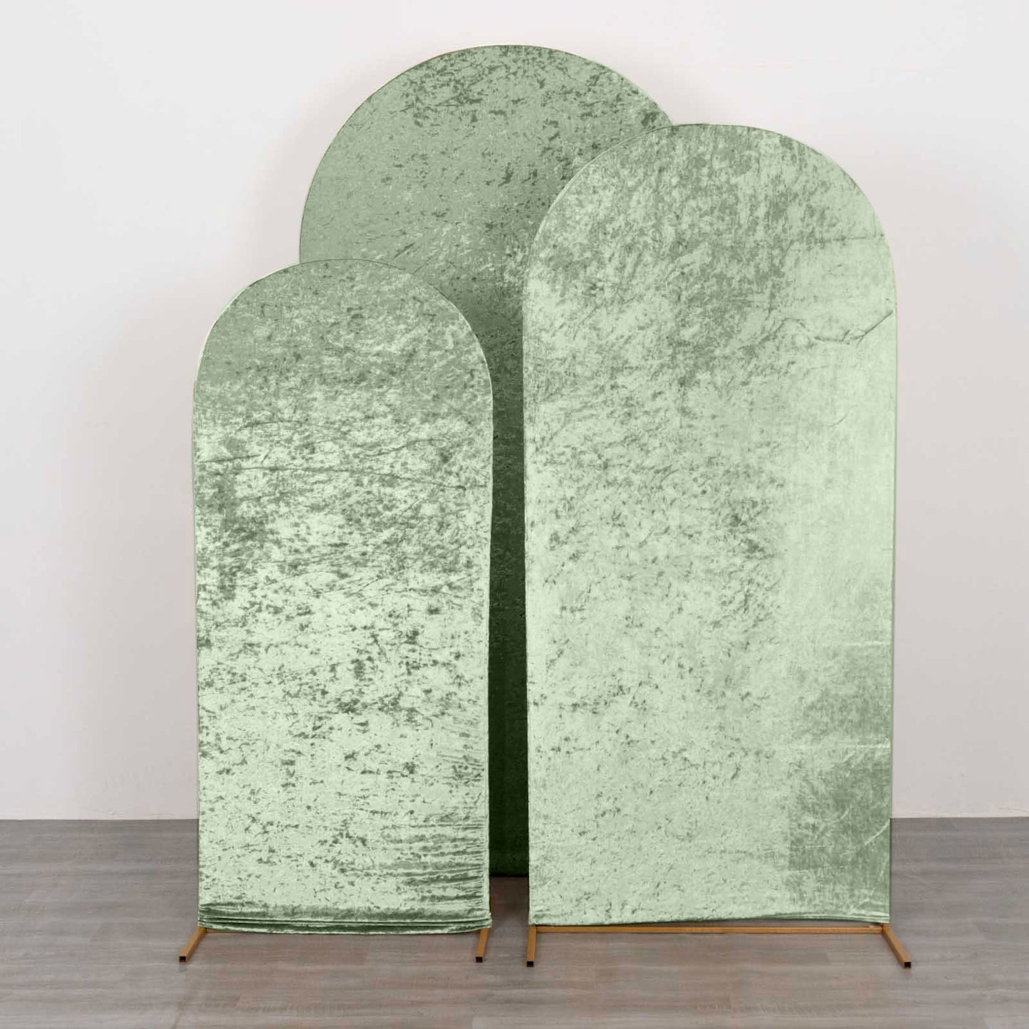 Set of 3 Sage Green Crushed Velvet Chiara Backdrop Stand Covers For Round Top Wedding Arches - 5ft, 6ft, 7ft