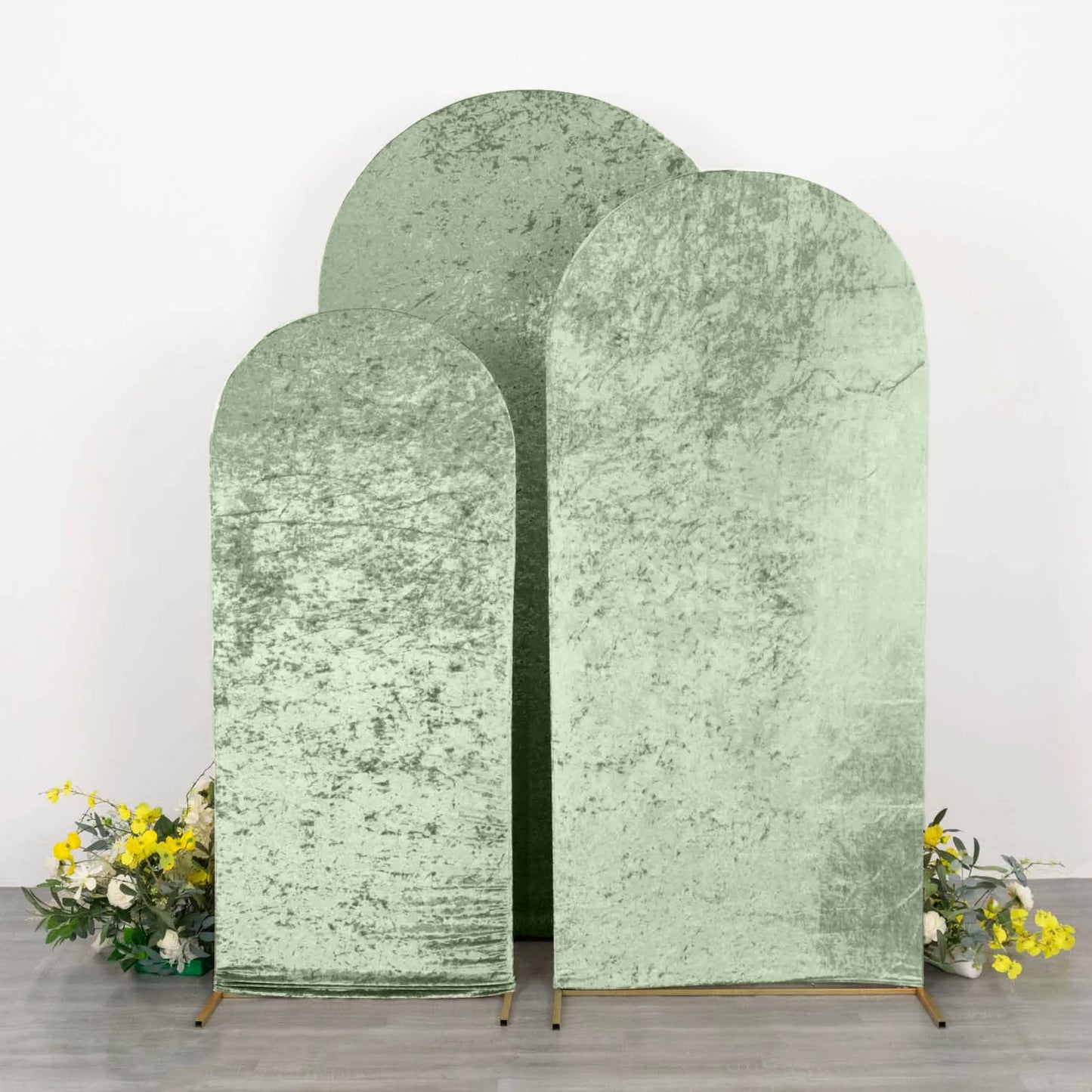 Set of 3 Sage Green Crushed Velvet Chiara Backdrop Stand Covers For Round Top Wedding Arches - 5ft, 6ft, 7ft