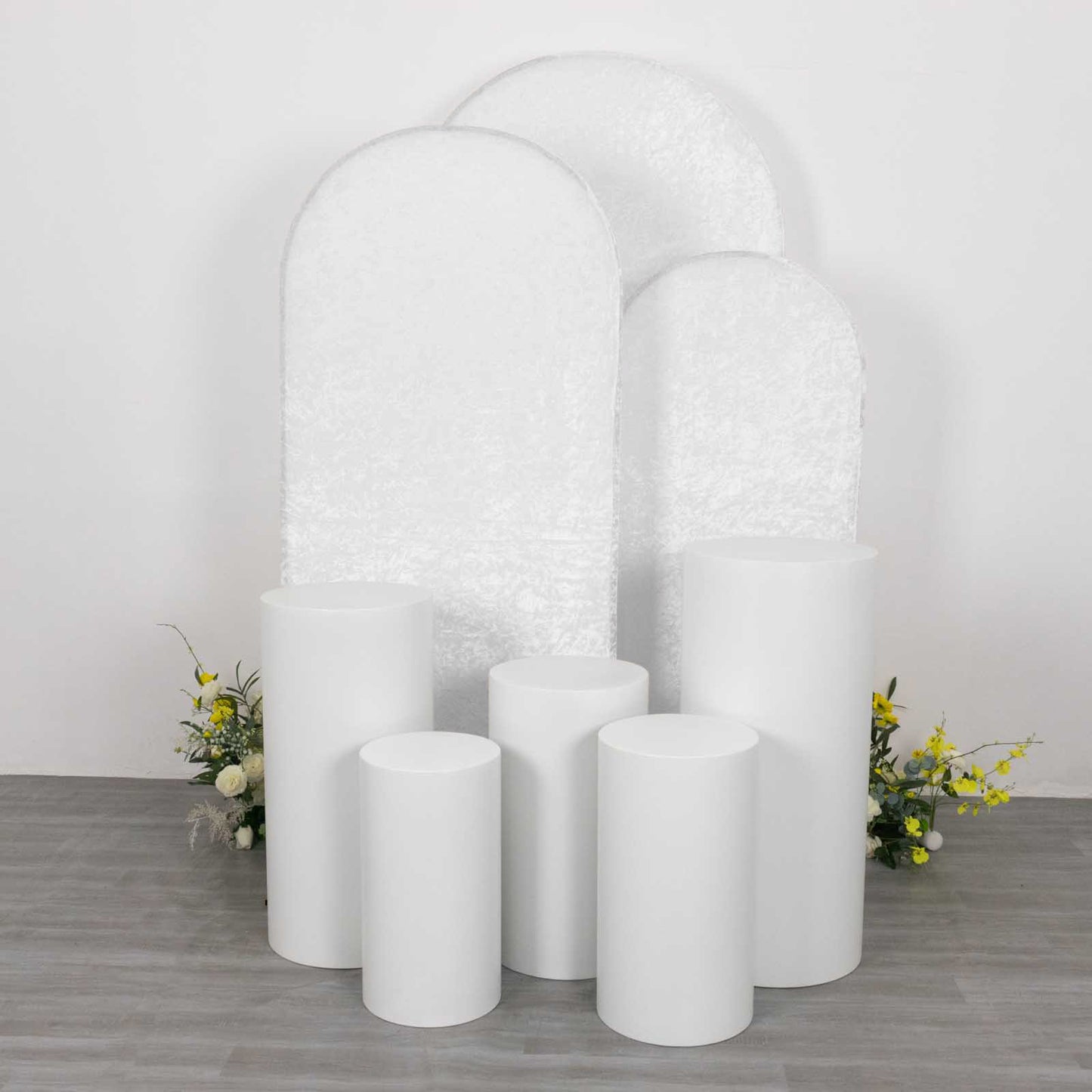 Set of 3 White Crushed Velvet Chiara Backdrop Stand Covers For Round Top Wedding Arches - 5ft, 6ft, 7ft