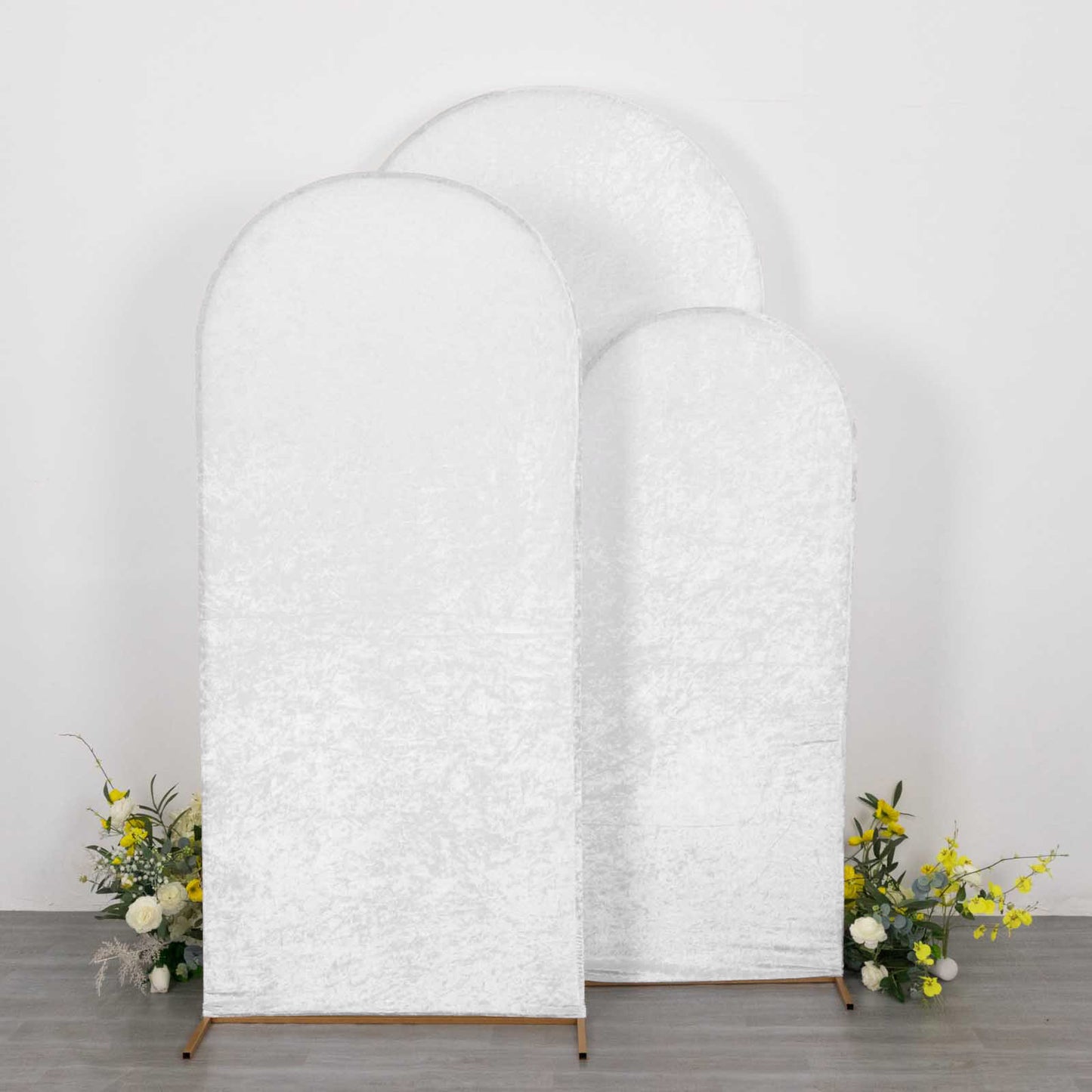 Set of 3 White Crushed Velvet Chiara Backdrop Stand Covers For Round Top Wedding Arches - 5ft, 6ft, 7ft