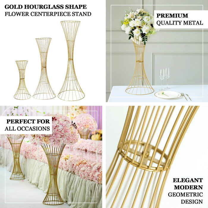 Gold metal wire trumpet-shaped flower centerpiece stand for elegant decor.