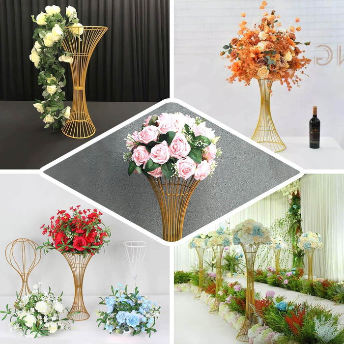 Gold metal wire trumpet-shaped flower centerpiece stand.