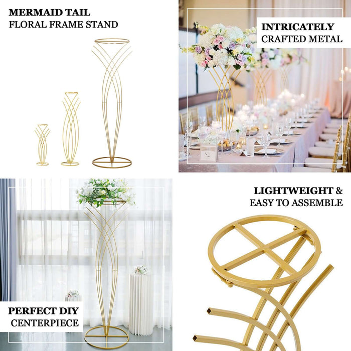 Gold metal mermaid tail flower frame table centerpiece for weddings.