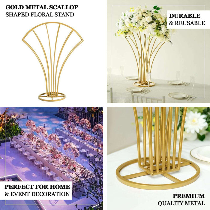 Gold metal scalloped fan shape flower frame centerpiece.