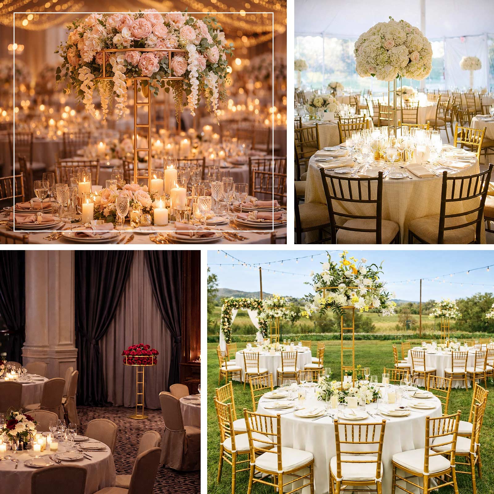 Tall gold metal floral riser wedding centerpiece with flowers and candles.