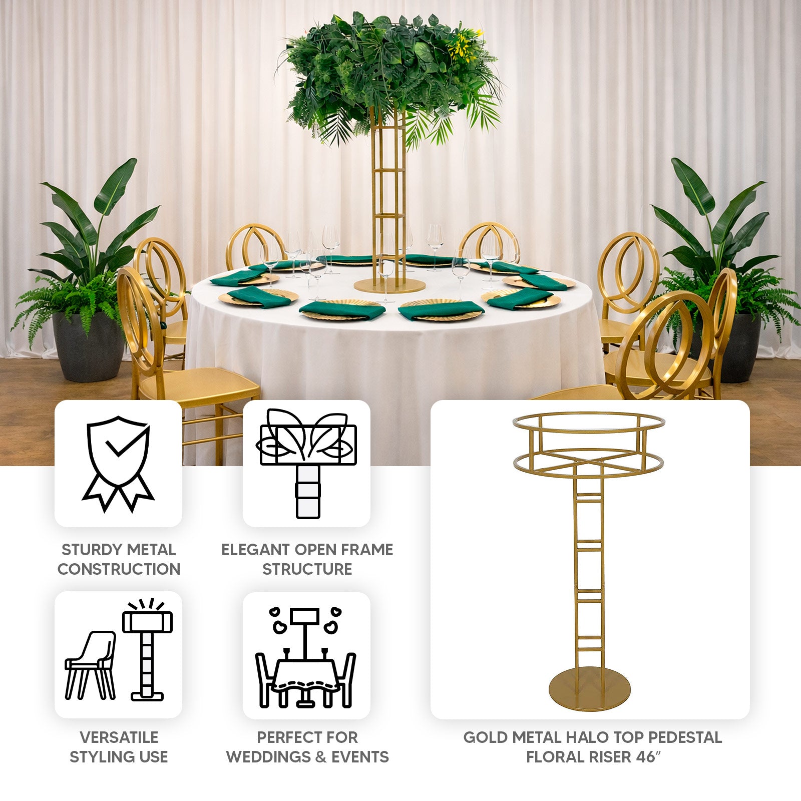 46" tall gold metal floral riser wedding centerpiece display stand.