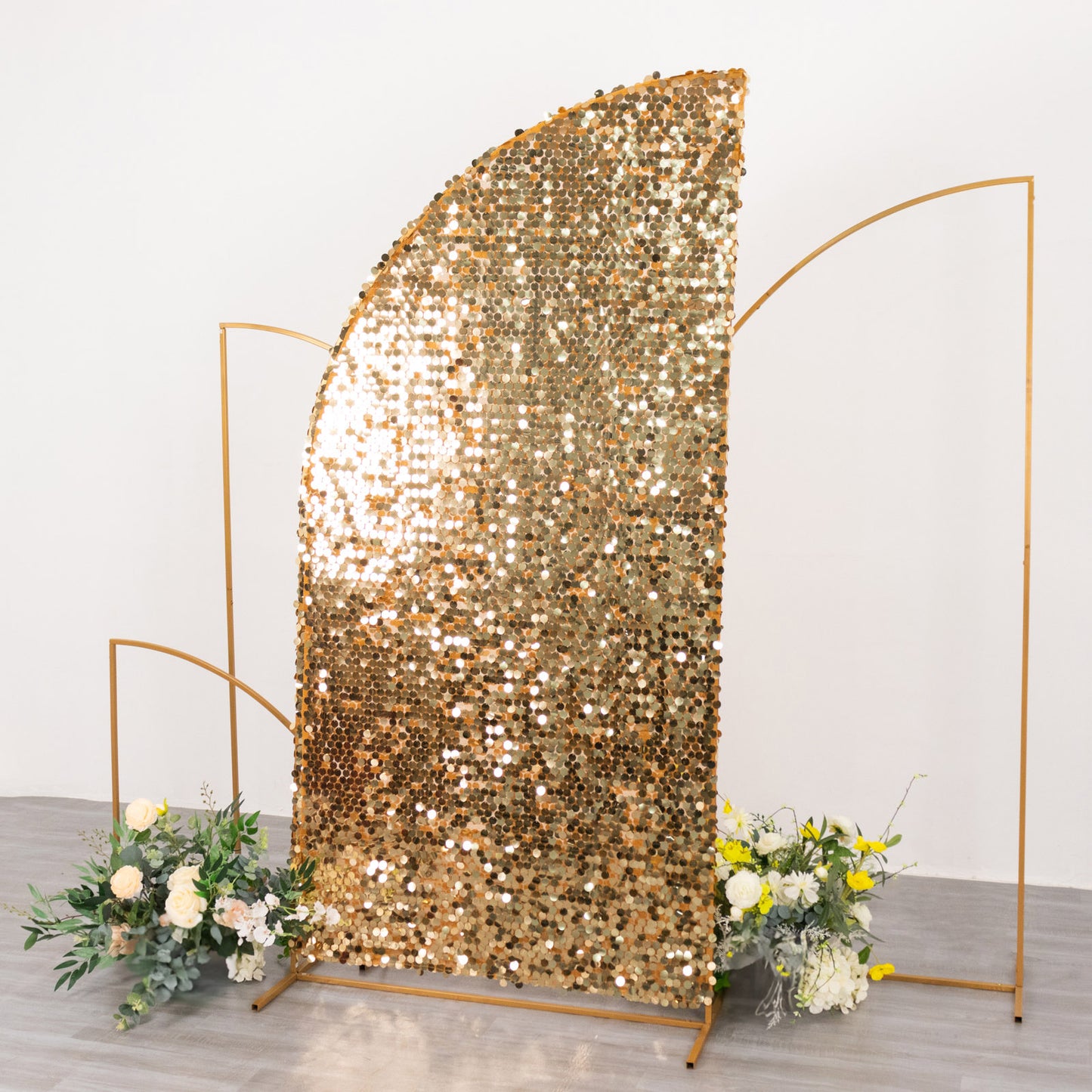 Gold sequin wedding arch cover for half moon backdrop stand.