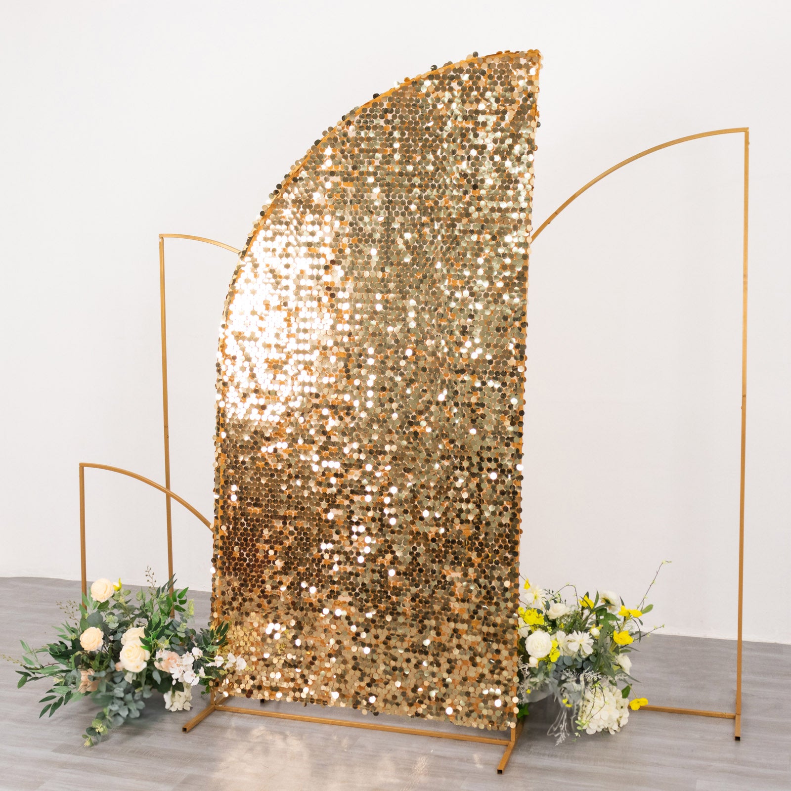 Gold sequin wedding arch cover for half moon backdrop stand.