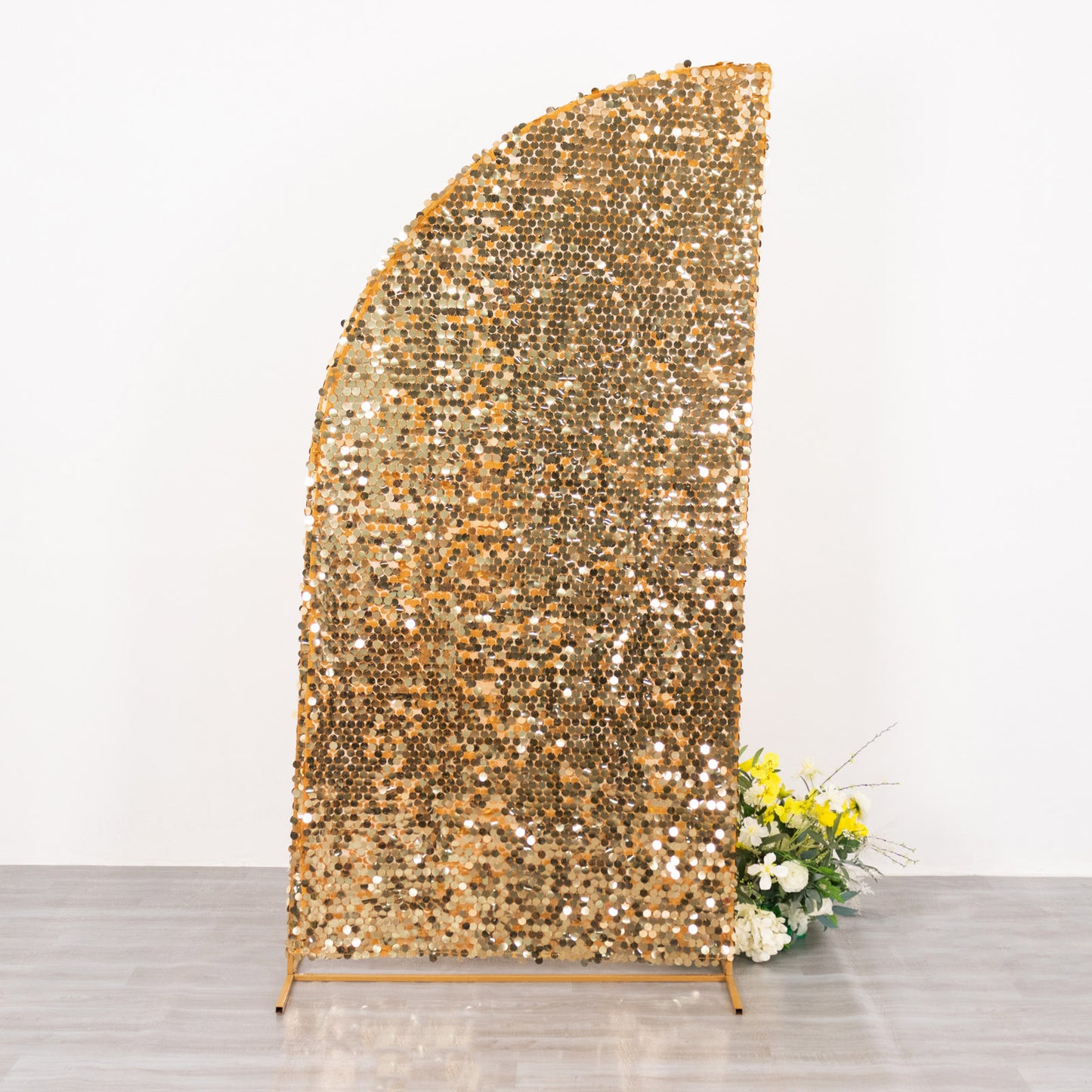 Gold sequin wedding arch cover for half moon backdrop stand.