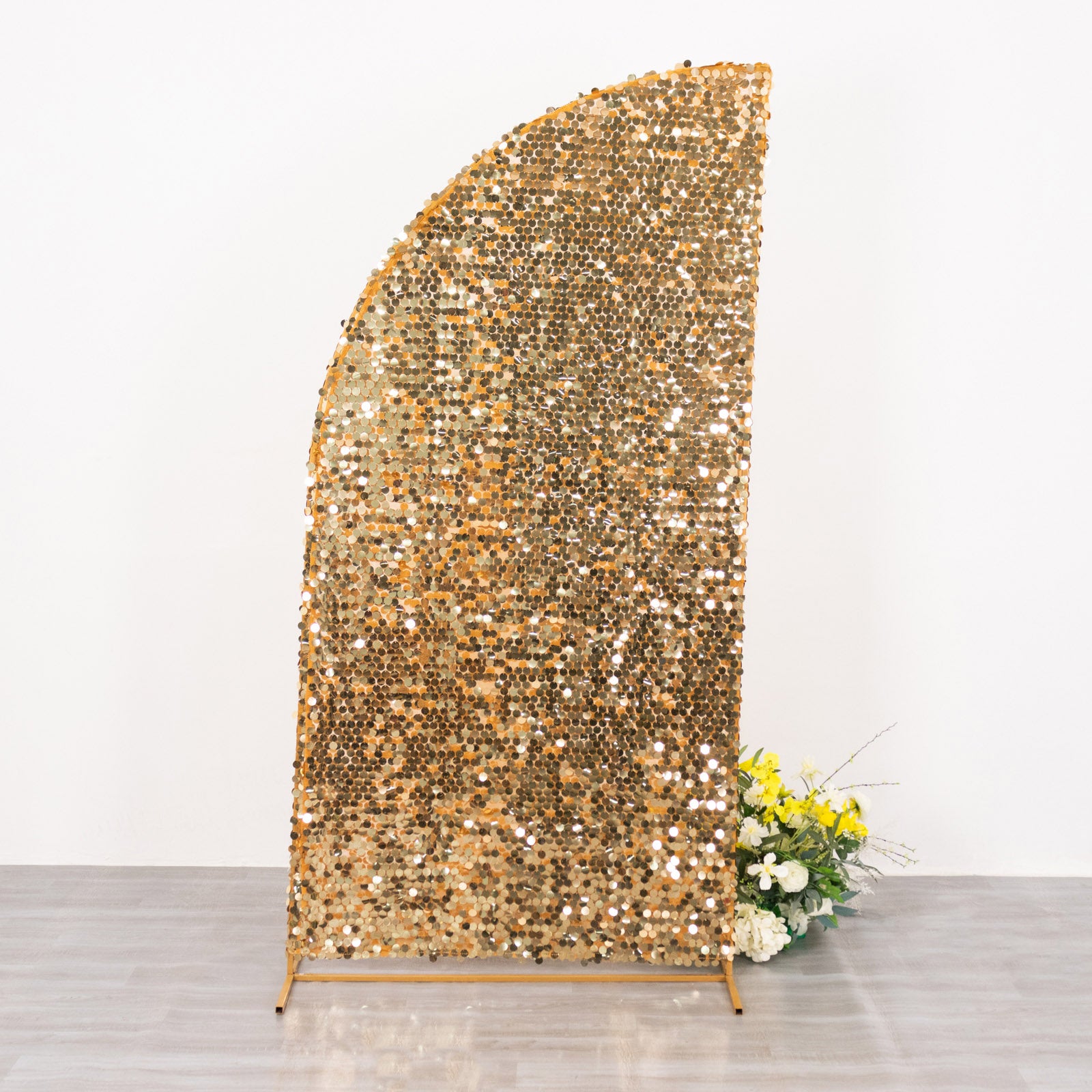 Gold sequin wedding arch cover for half moon backdrop stand.