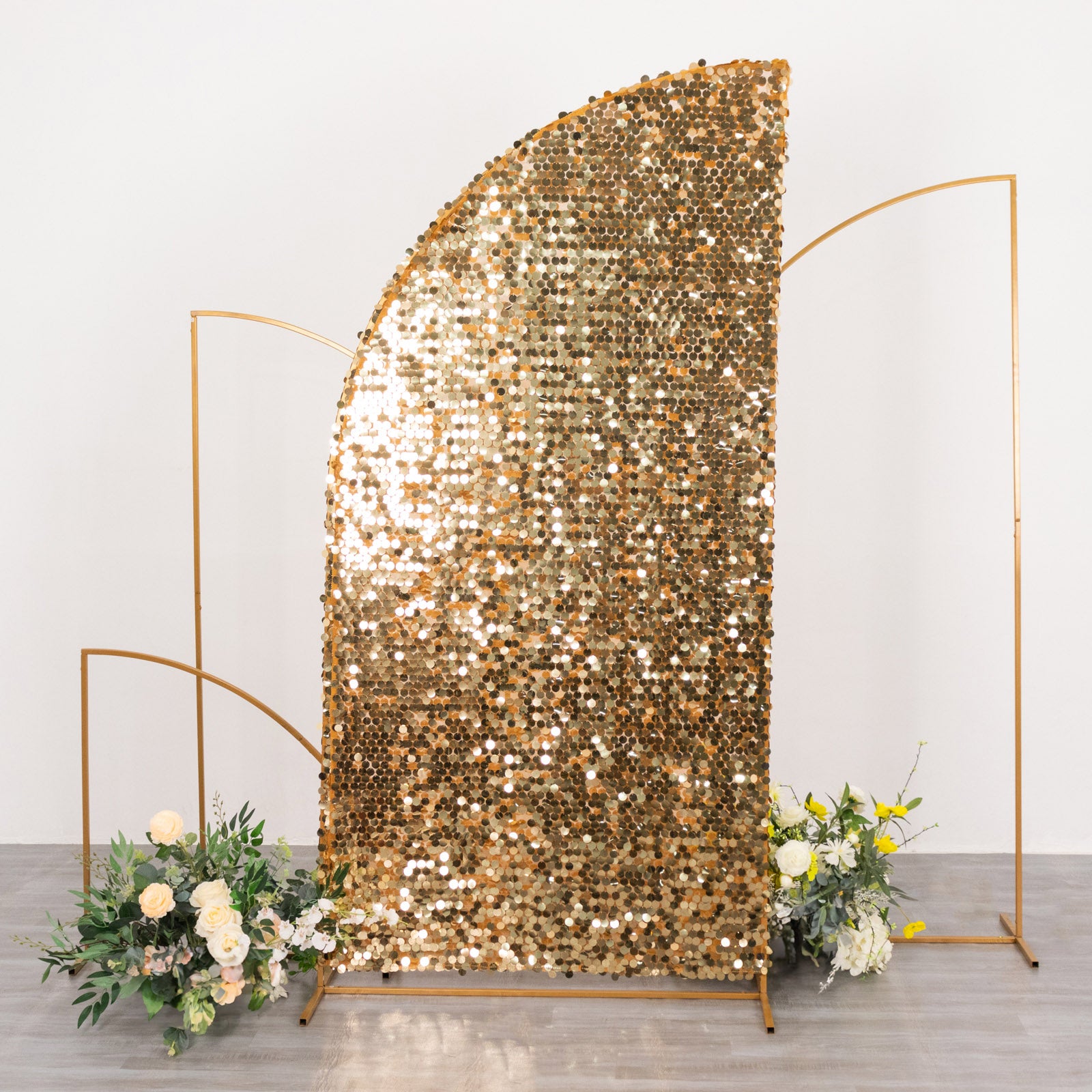 Gold double-sided sequin wedding arch cover for half moon backdrop stand.