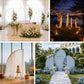 Gold metal wedding arch backdrop stand set for elegant floral displays.