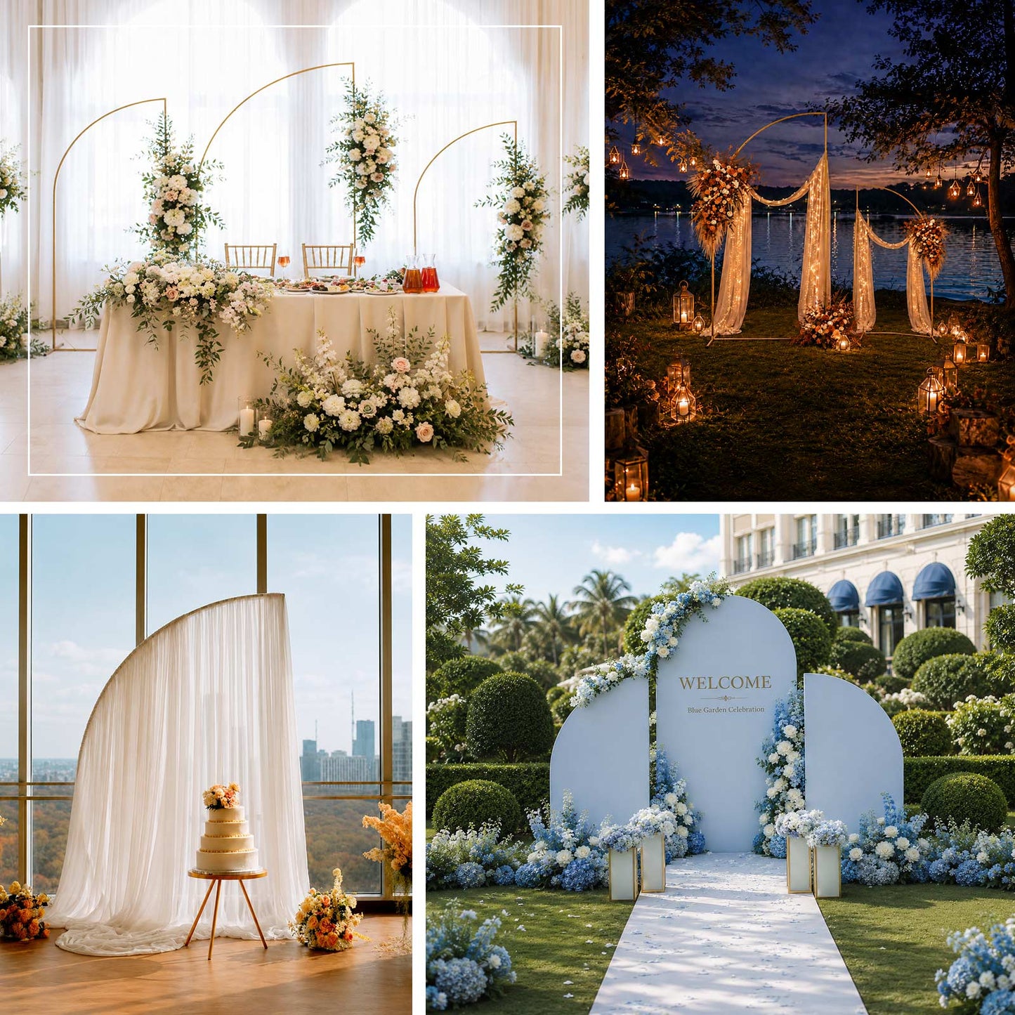 Gold Metal Wedding Arch Chiara Backdrop Stand, Half Moon Floral Frame Arbor Display