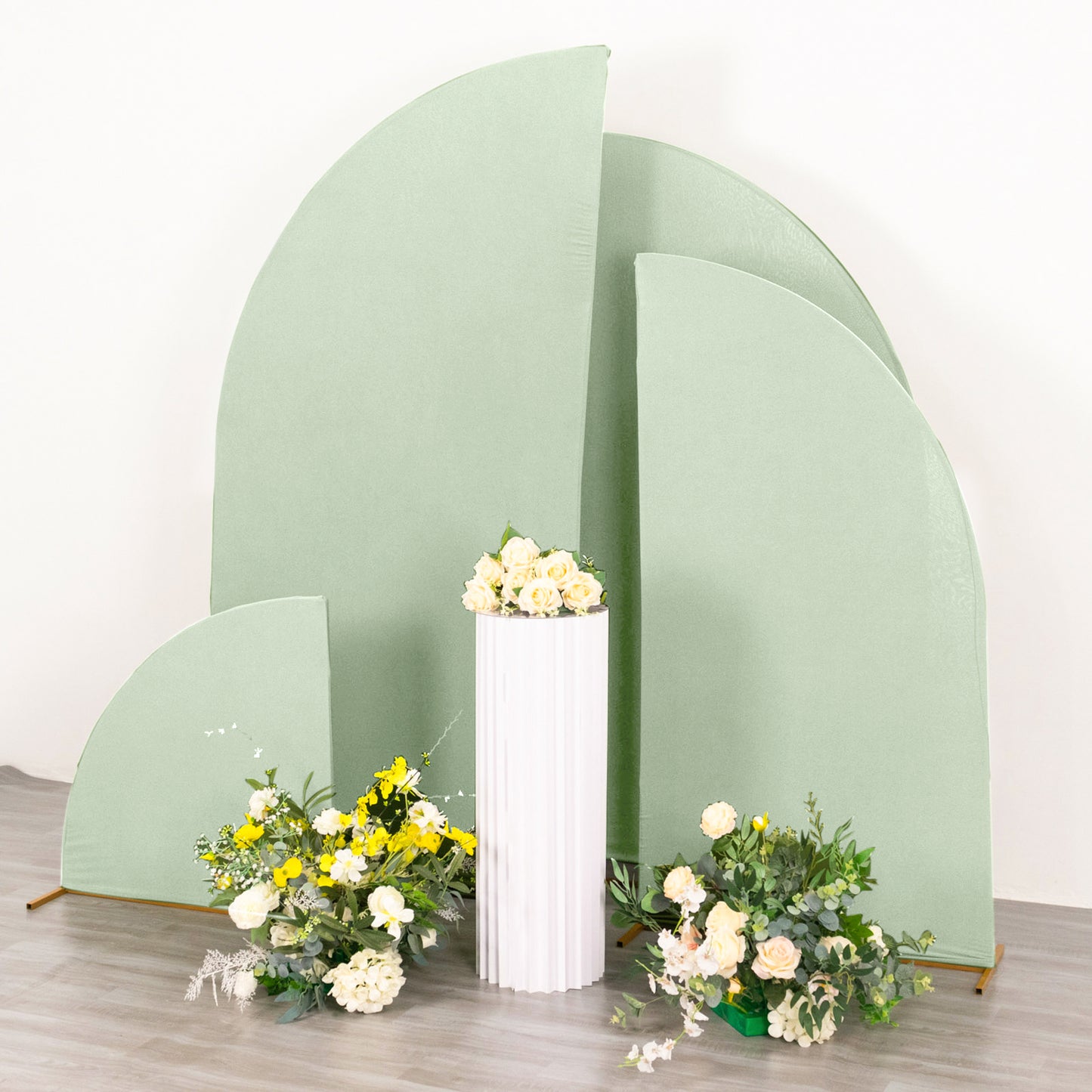 Set of 4 | Matte Sage Green Spandex Half Moon Chiara Backdrop Stand Covers, Custom Fitted Wedding Arch Covers - 2.5ft,5ft,6ft,7ft