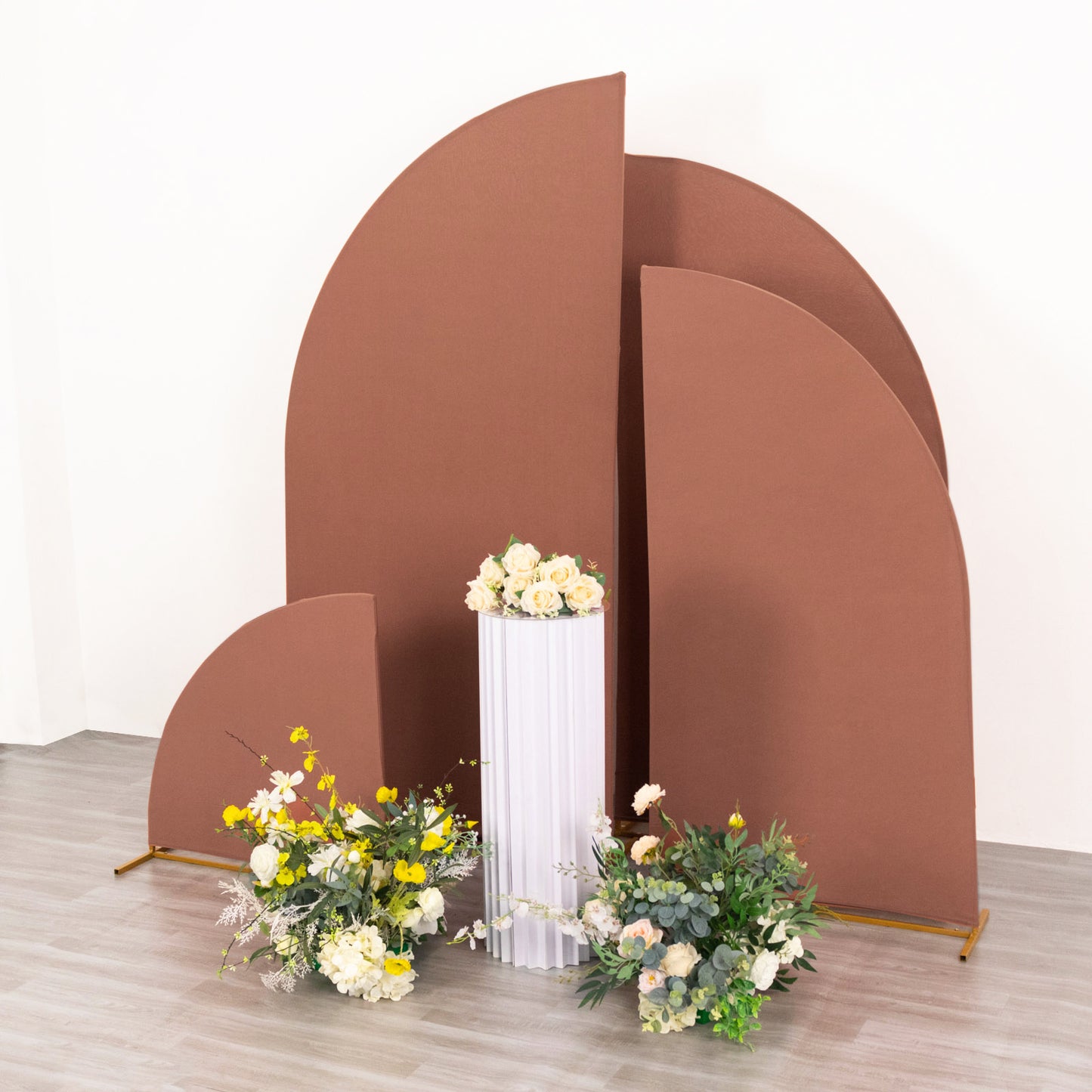 Set of 4 Matte Terracotta (Rust) Spandex Half Moon Chiara Backdrop Stand Covers, Custom Fitted Wedding Arch Covers - 2.5ft,5ft,6ft,7ft