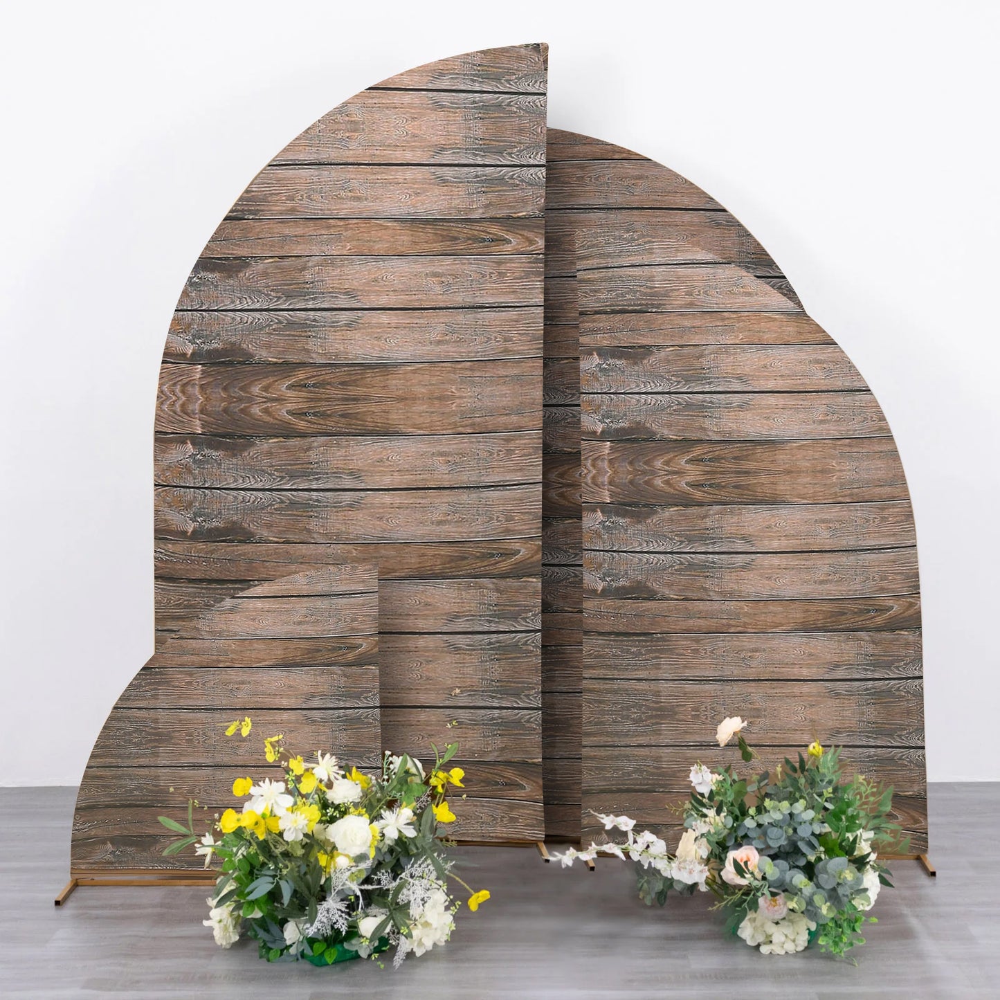 Set of 4 Brown Spandex Chiara Wedding Arch Covers With Rustic Wood Print, Fitted Covers For Half Moon Backdrop Stands - 2.5ft, 5ft, 6ft, 7ft