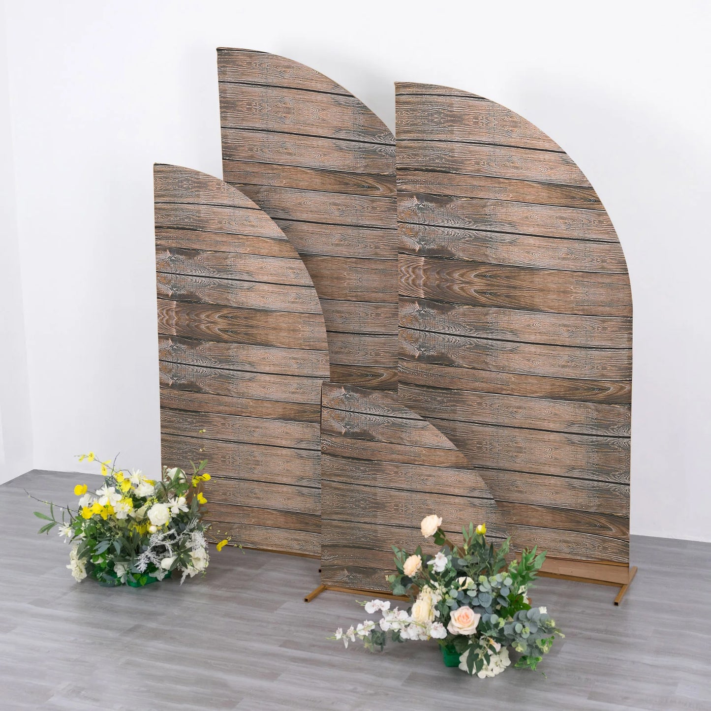 Set of 4 Brown Spandex Chiara Wedding Arch Covers With Rustic Wood Print, Fitted Covers For Half Moon Backdrop Stands - 2.5ft, 5ft, 6ft, 7ft