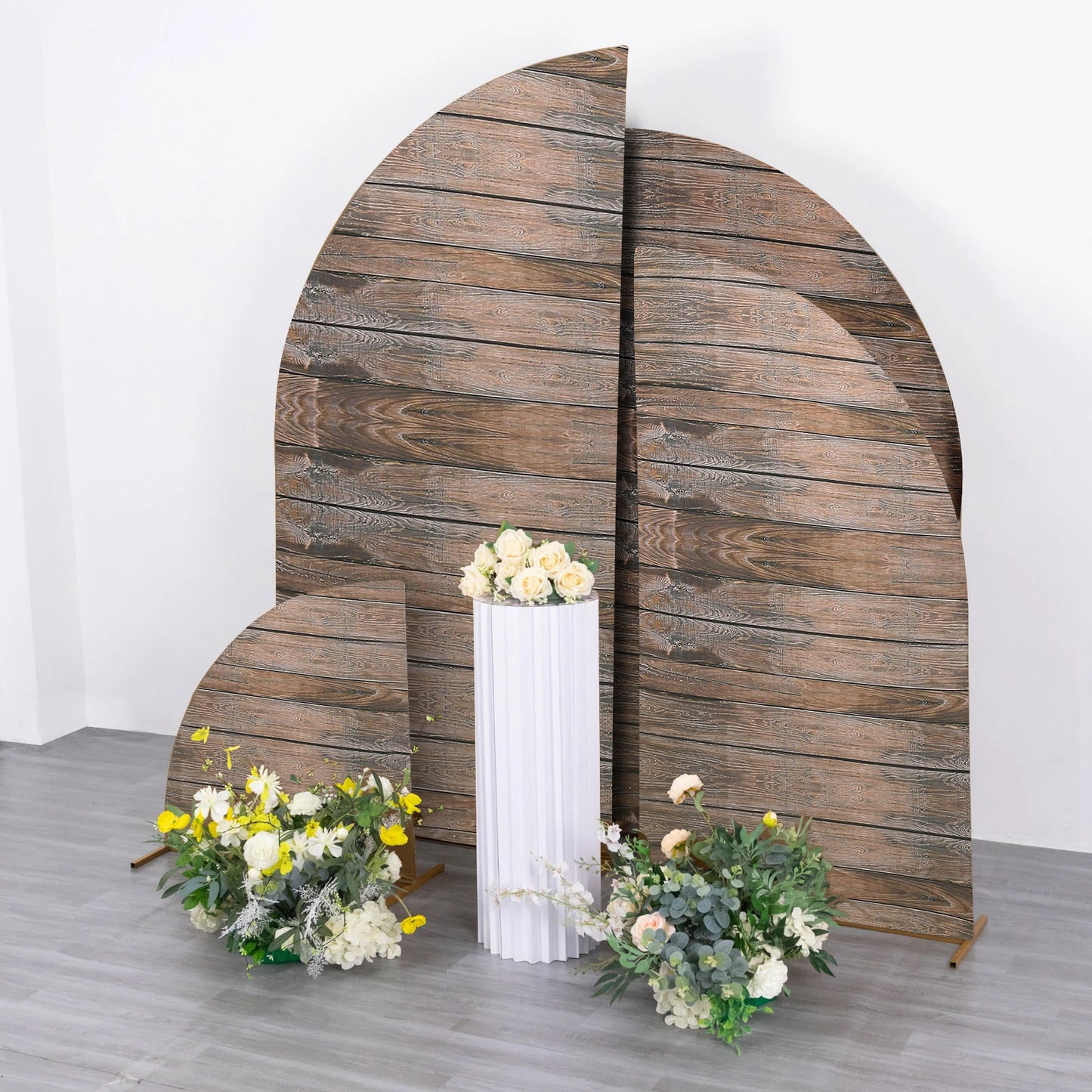 Set of 4 Brown Spandex Chiara Wedding Arch Covers With Rustic Wood Print, Fitted Covers For Half Moon Backdrop Stands - 2.5ft, 5ft, 6ft, 7ft